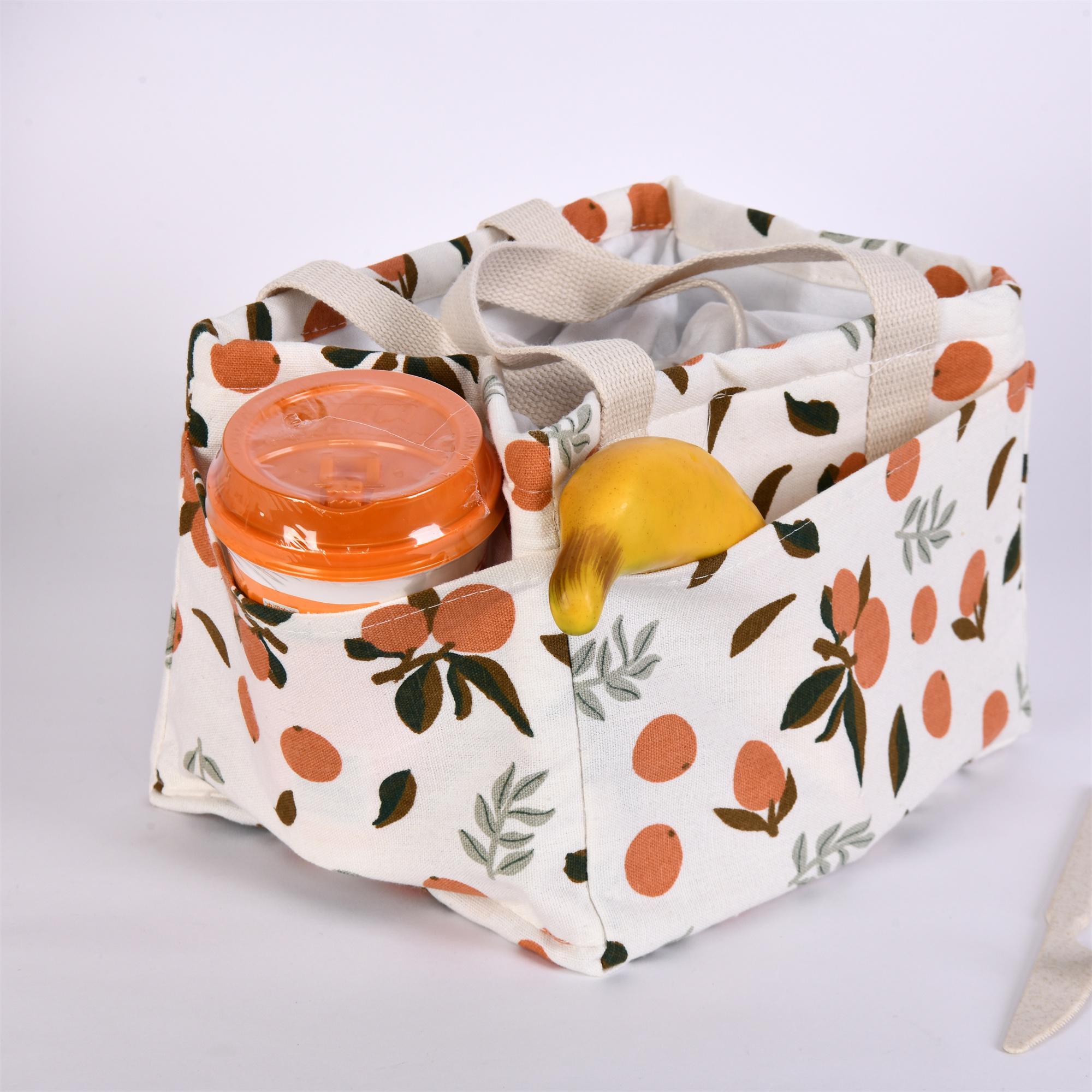 Handmade XL Orange/Avocado/Lemon/Peach Cotton Linen Insulated Lunch Bag,Drawstring Tote, Back to School