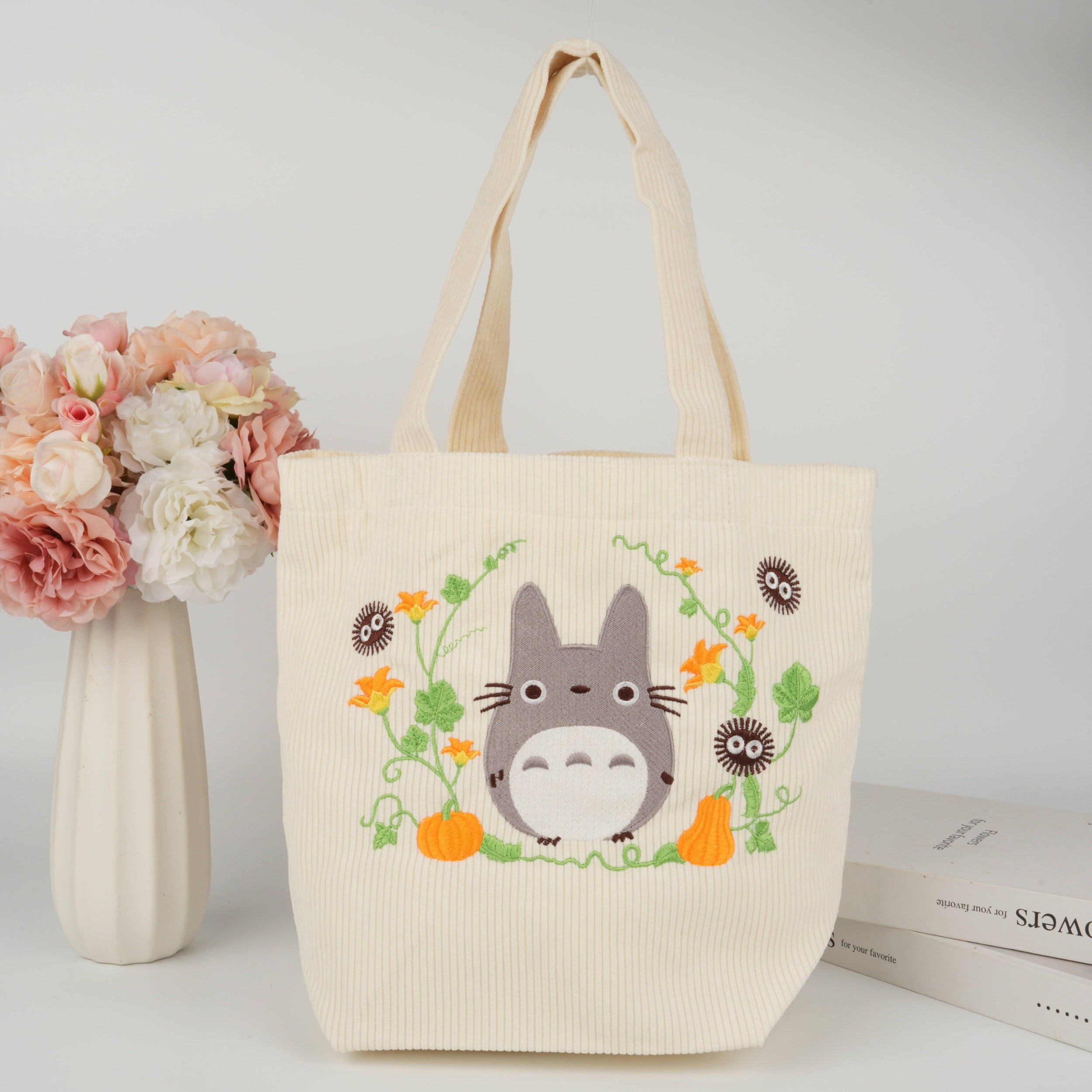 Handmade Embroidery Totoro Tote,Corduroy Bag Aesthetic,Cute Anime Handbag,Personalized Birthday Gift