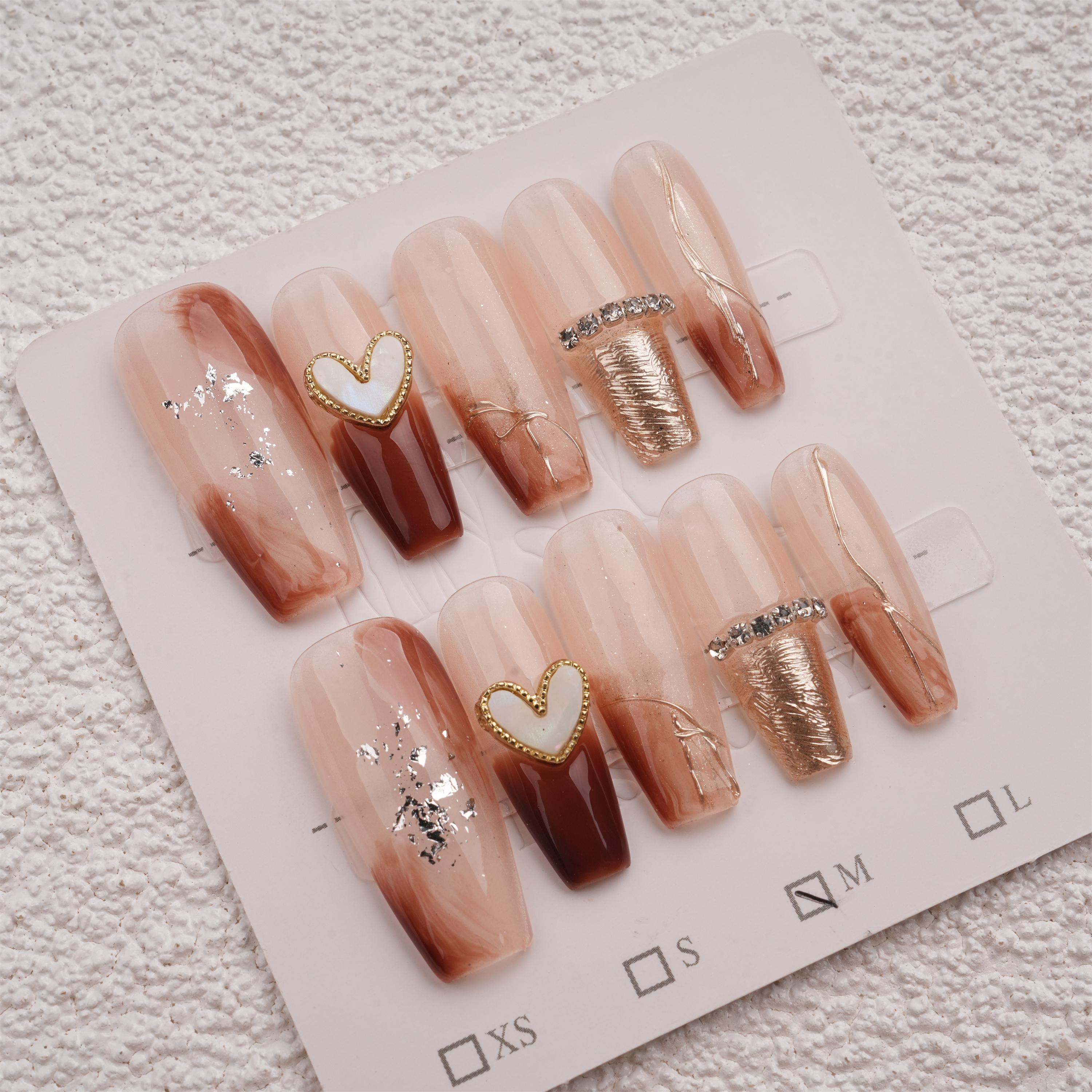 Elegant Handmade Blooming Amber Heart Press On Nails,Reusable