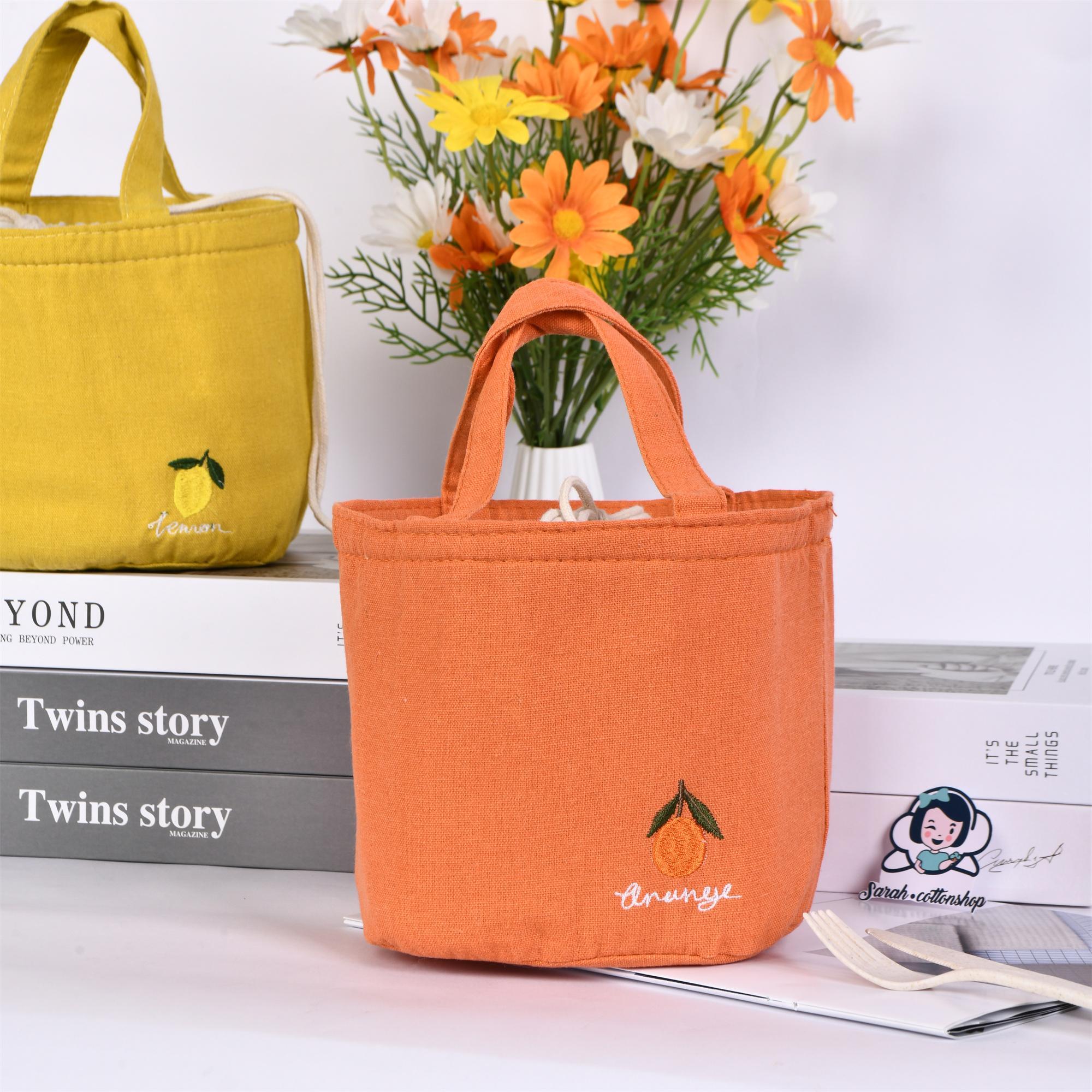 Orange/Avocado/Lemon/Peach Round Cotton Linen Insulated Lunch Bag, Premium Quality Drawstring Bag, Back to School
