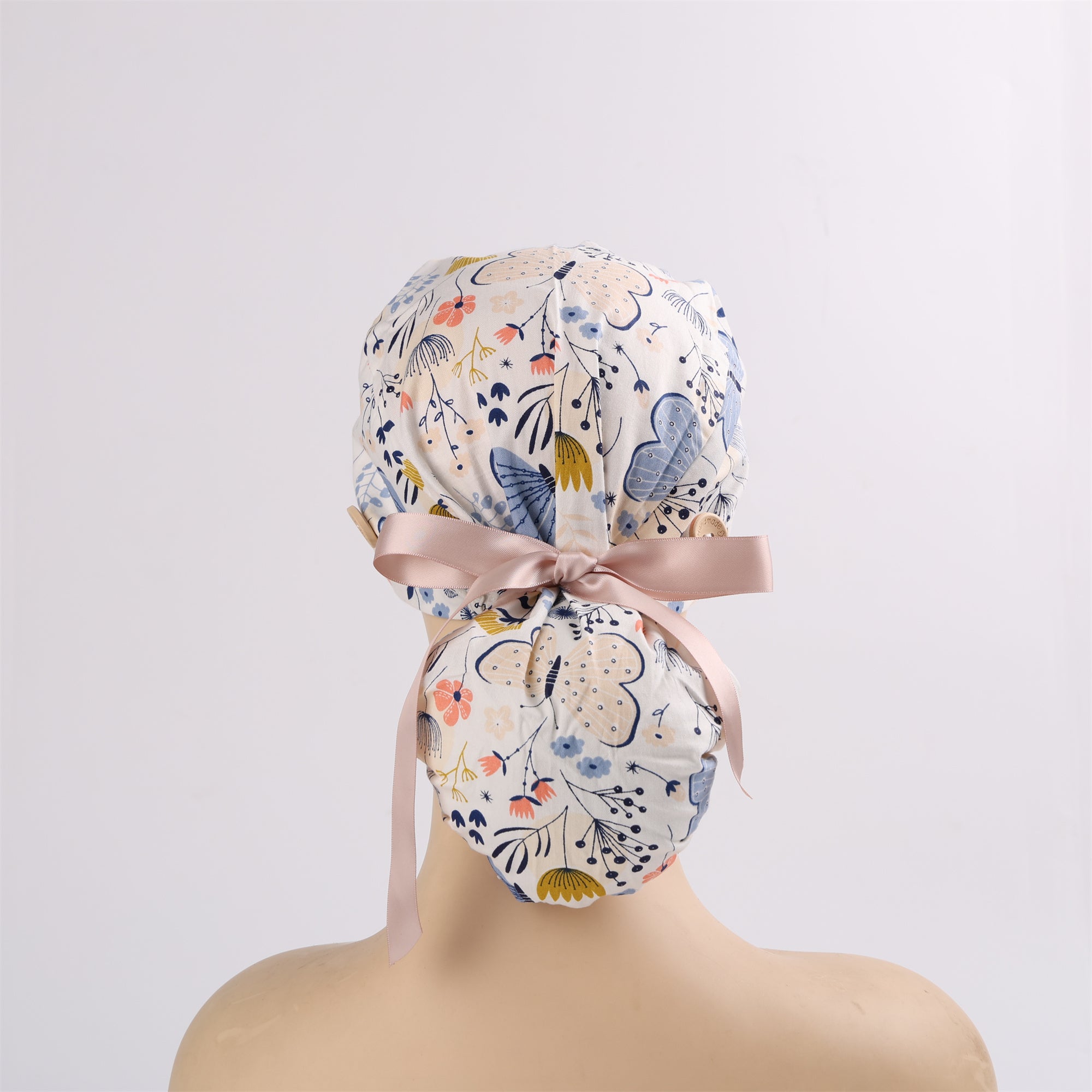 Cotton Ponytail Surgical Scrub Cap, Blue Butterfly on White Cotton