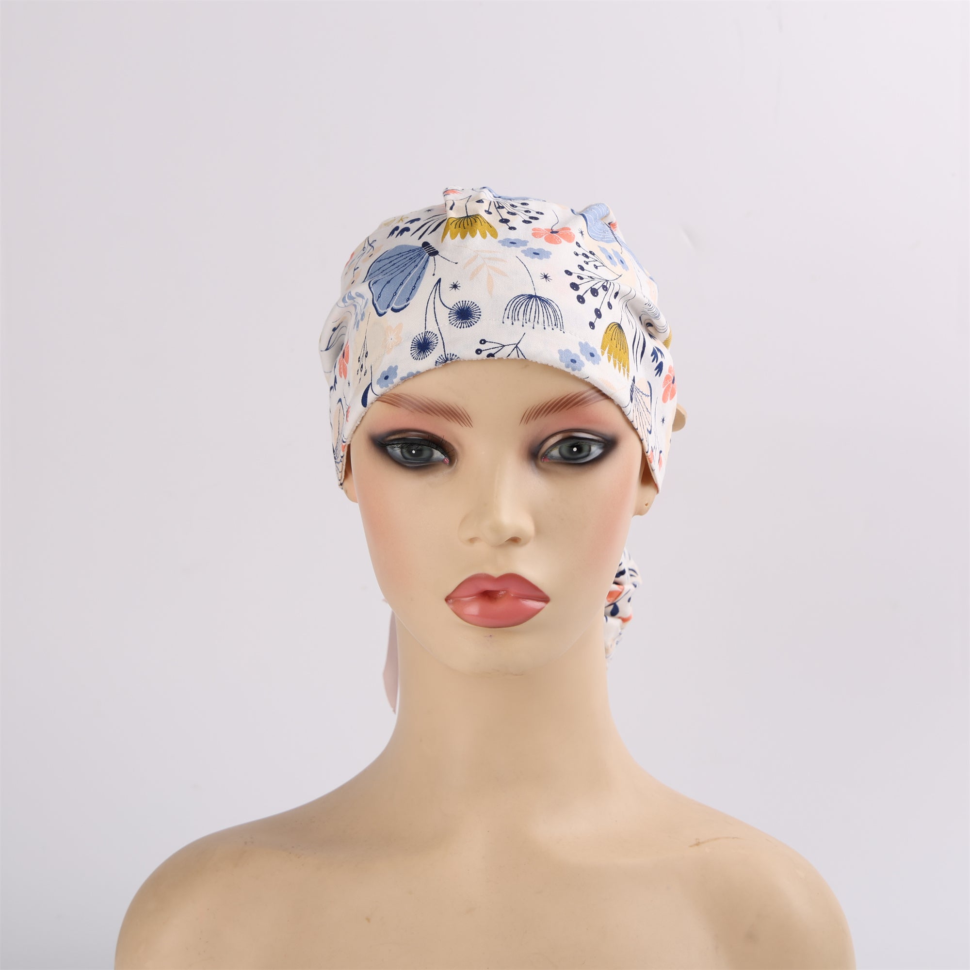 Cotton Ponytail Surgical Scrub Cap, Blue Butterfly on White Cotton