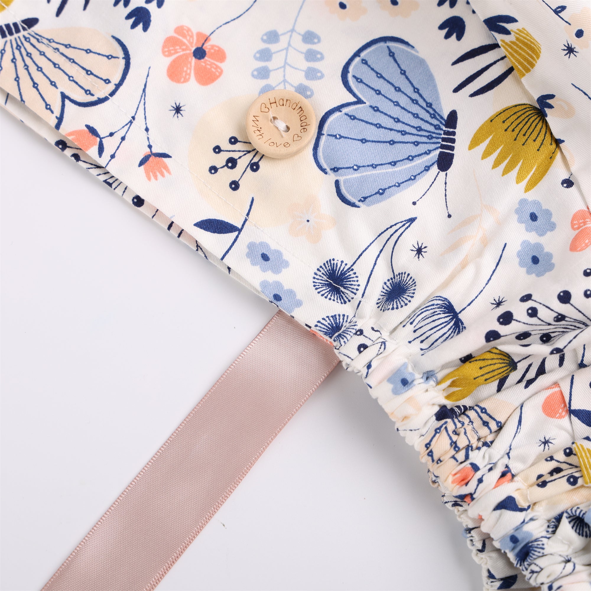 Cotton Ponytail Surgical Scrub Cap, Blue Butterfly on White Cotton