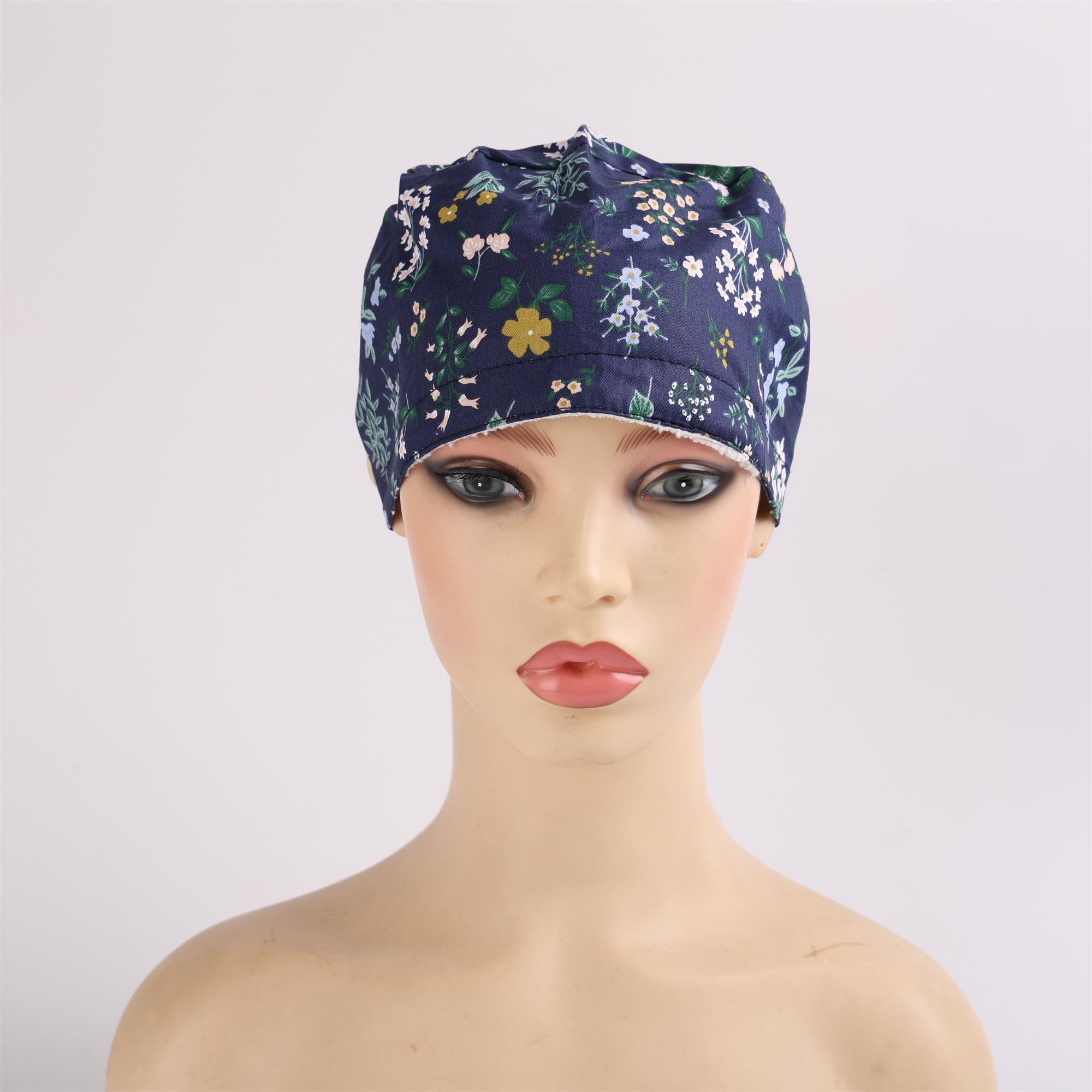 Navy Wildflowers Cotton Ponytail Scrub Cap