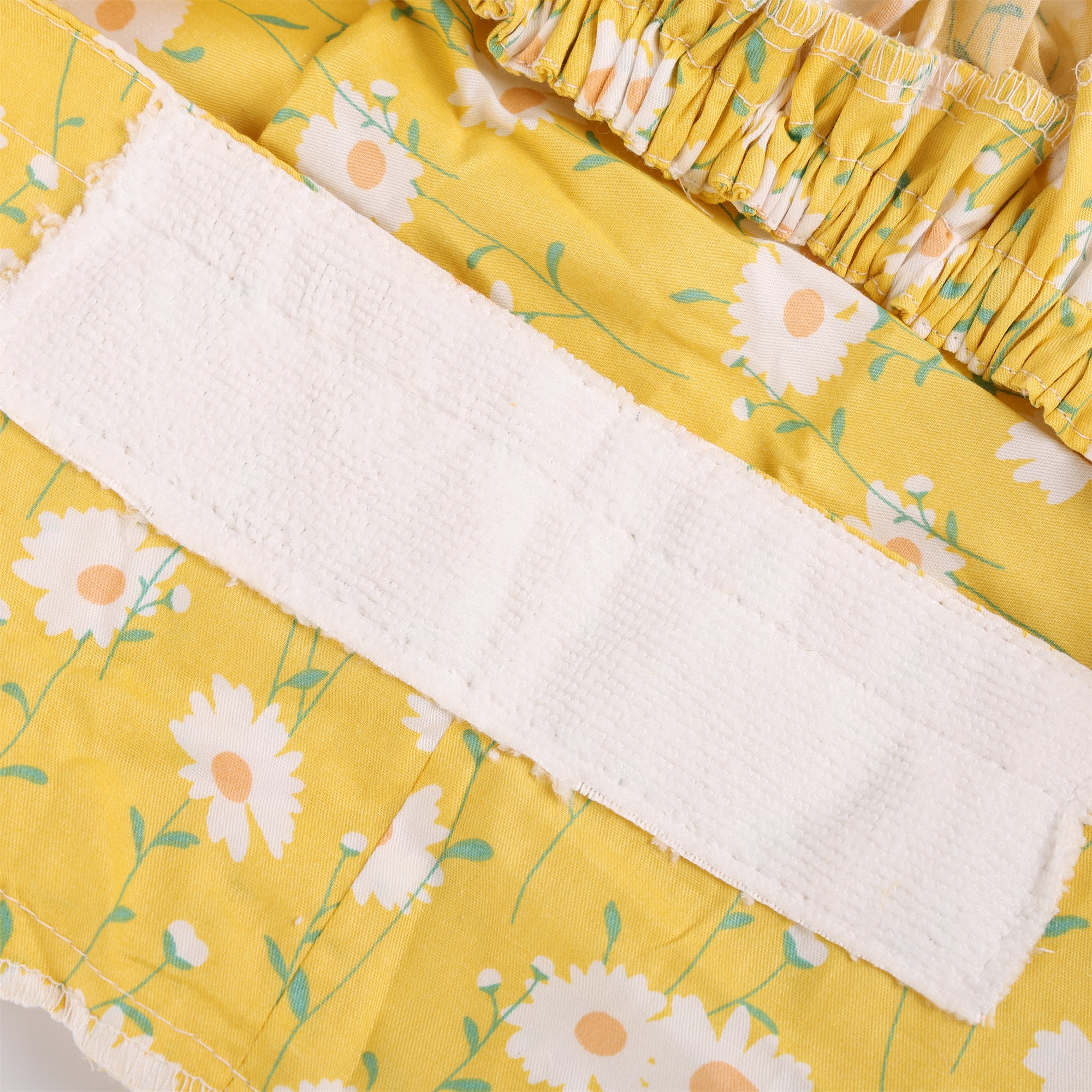 Fabric Ponytail Scrub Cap: White Flowers in Yellow Cotton