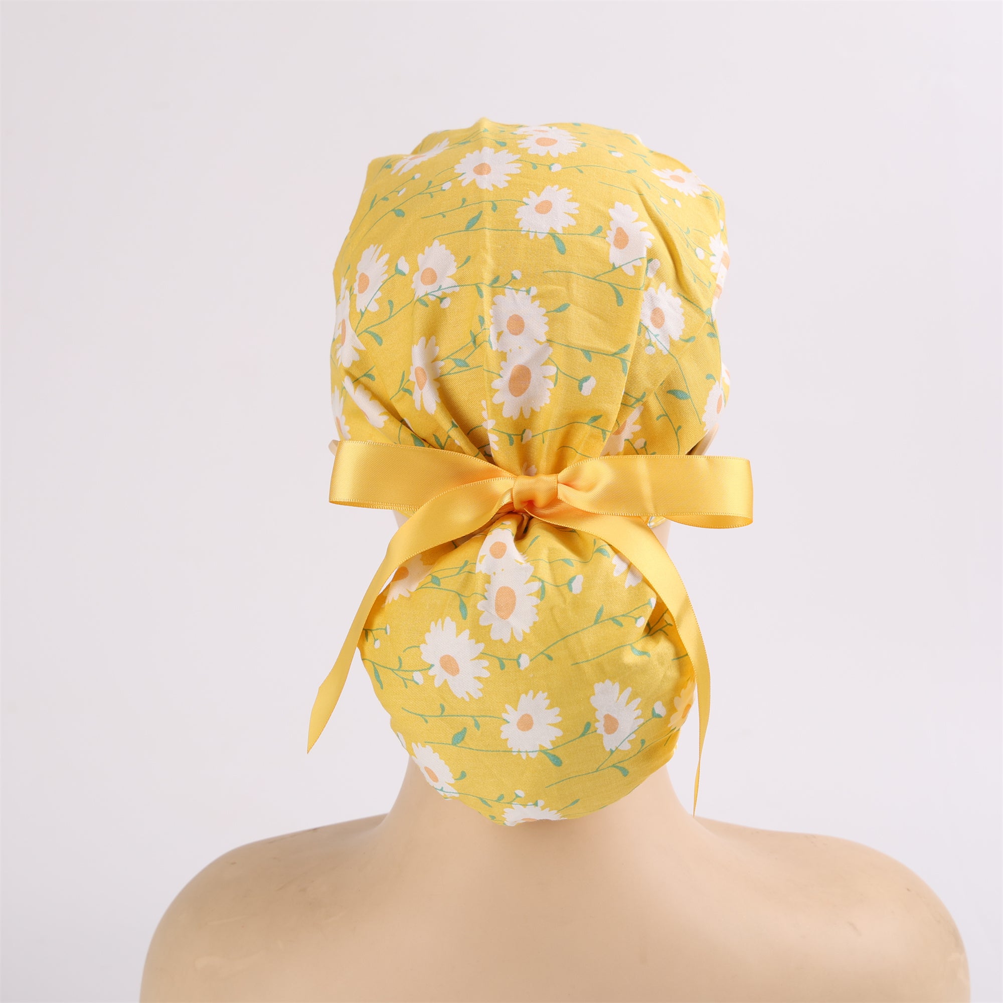 Fabric Ponytail Scrub Cap: White Flowers in Yellow Cotton