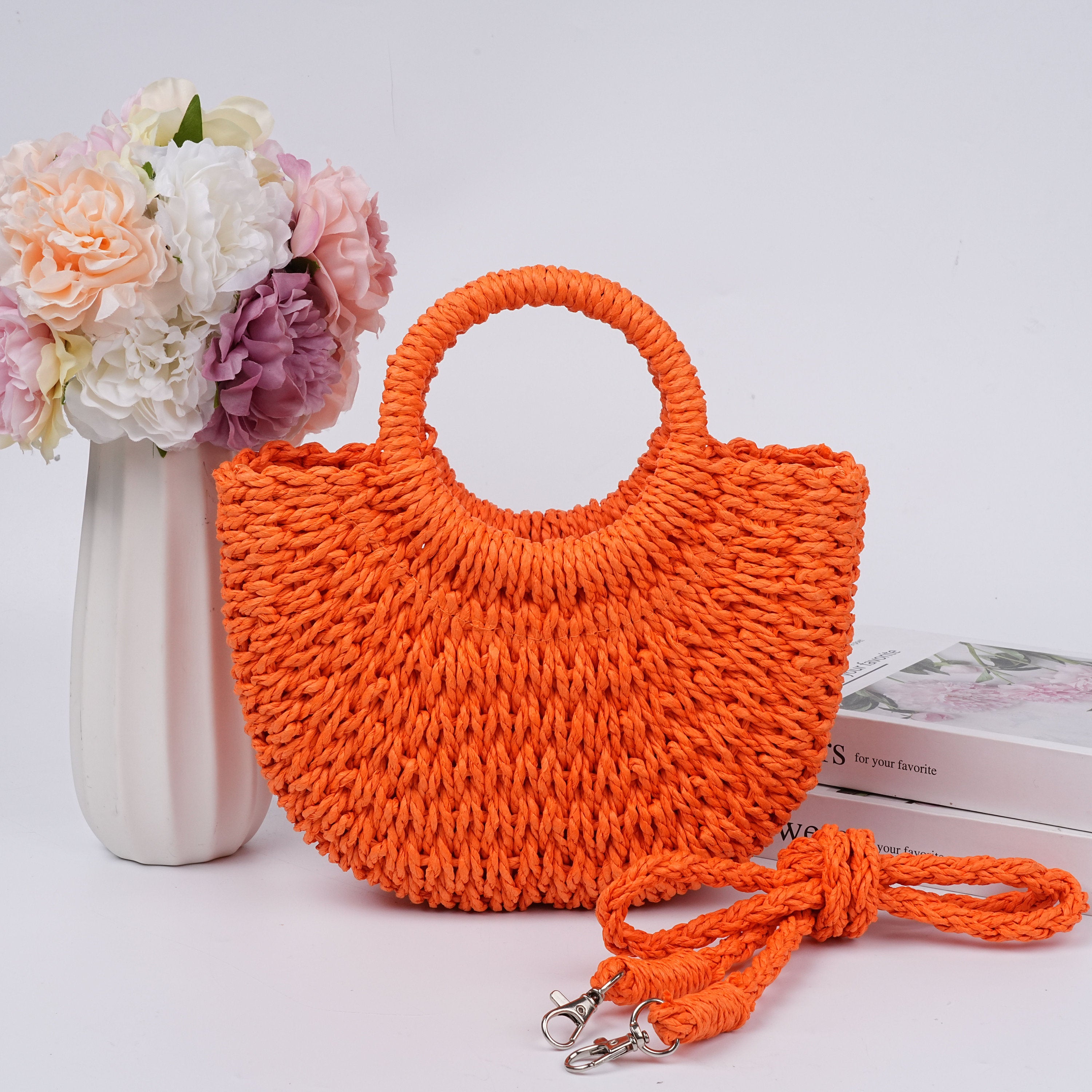 Solid Color Straw Woven Drawstring Bag,Summer Beach Bag,Wedding Guest Gift