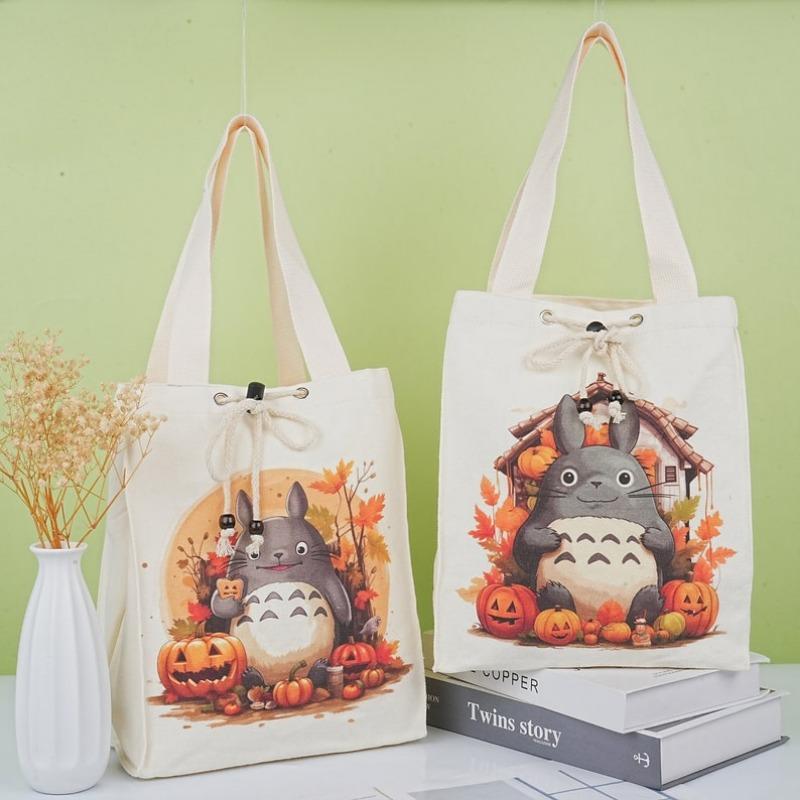Totoro Pumpkin Canvas Drawstring Lunch Bag, Reusable Halloween Lunch Bag
