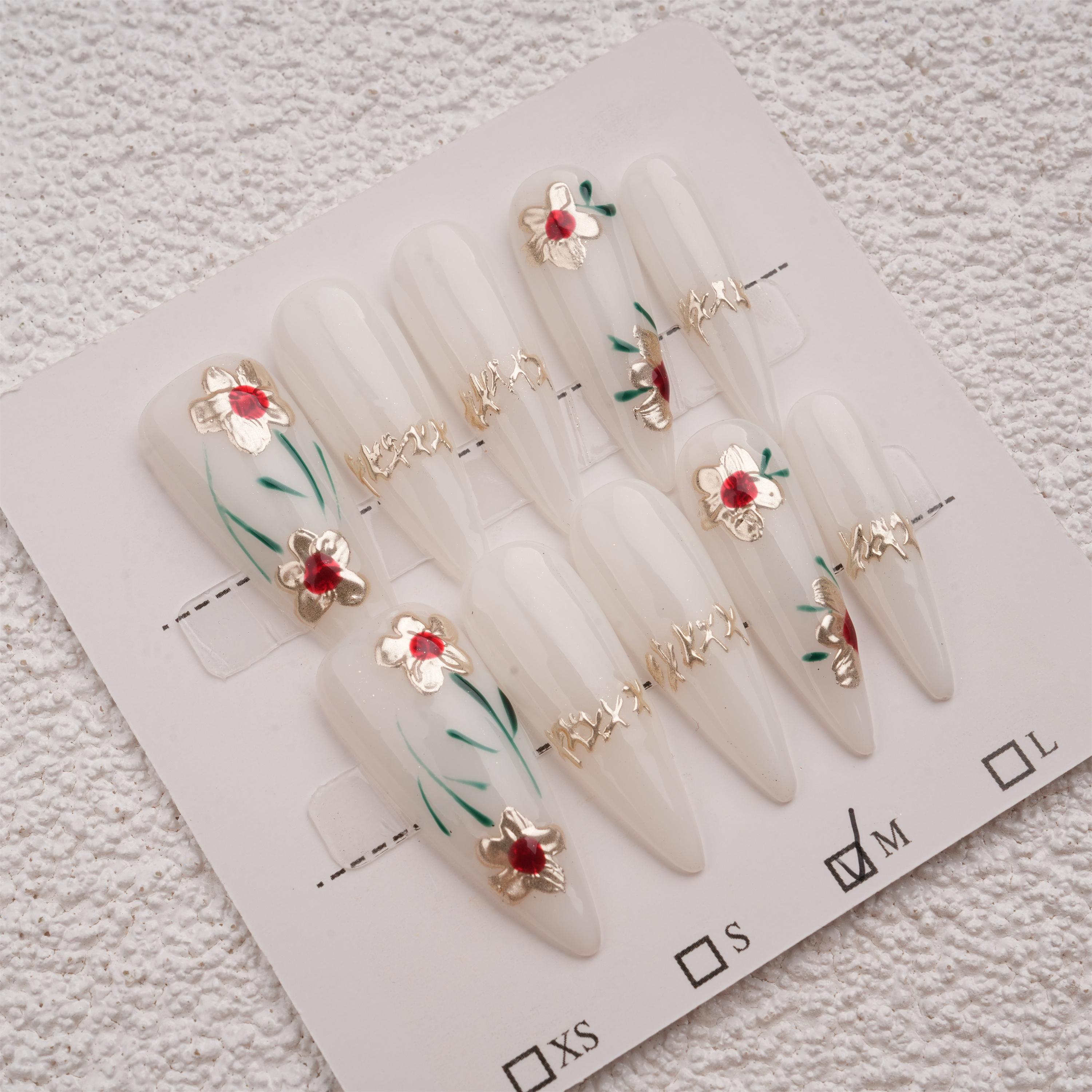 Hand Painted Golden Flowers Press On Nails,Elegant Floral Design For Wedding,Party,Prom