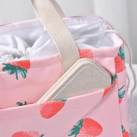 Handmade XL Pink Strawberry/Green Tableware Print Drawstring Lunch Bag w/Side Pockets
