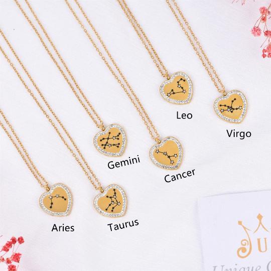 Constellation Necklace Handmade, Minimalist Heart Twelve Zodiac Necklace Pendants, Personalized Astrology, Birthday Gift, Valentine's Day Gifts