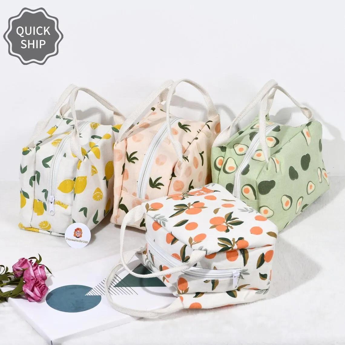 Size M Orange/Avocado/Lemon/Peach Cotton Linen Insulated Lunch Bag, Premium Quality Zipper Bag, Back to School