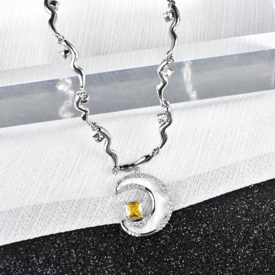 Shell Diamond Moon Star Necklace Earrings, Crescent Moon star Earrings