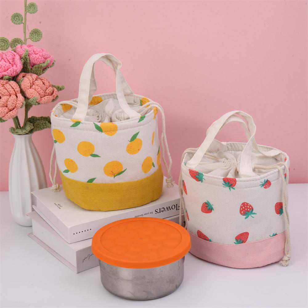 Orange/Strawberry/Apple/Pear Round Cotton Linen Insulated Lunch Bag, Premium Quality Drawstring Bag, Back to School