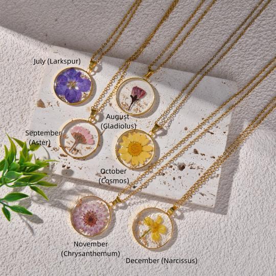 Gold Birth Month Flower Necklace,Real Dried Flower Round Necklace for Birthday Gift