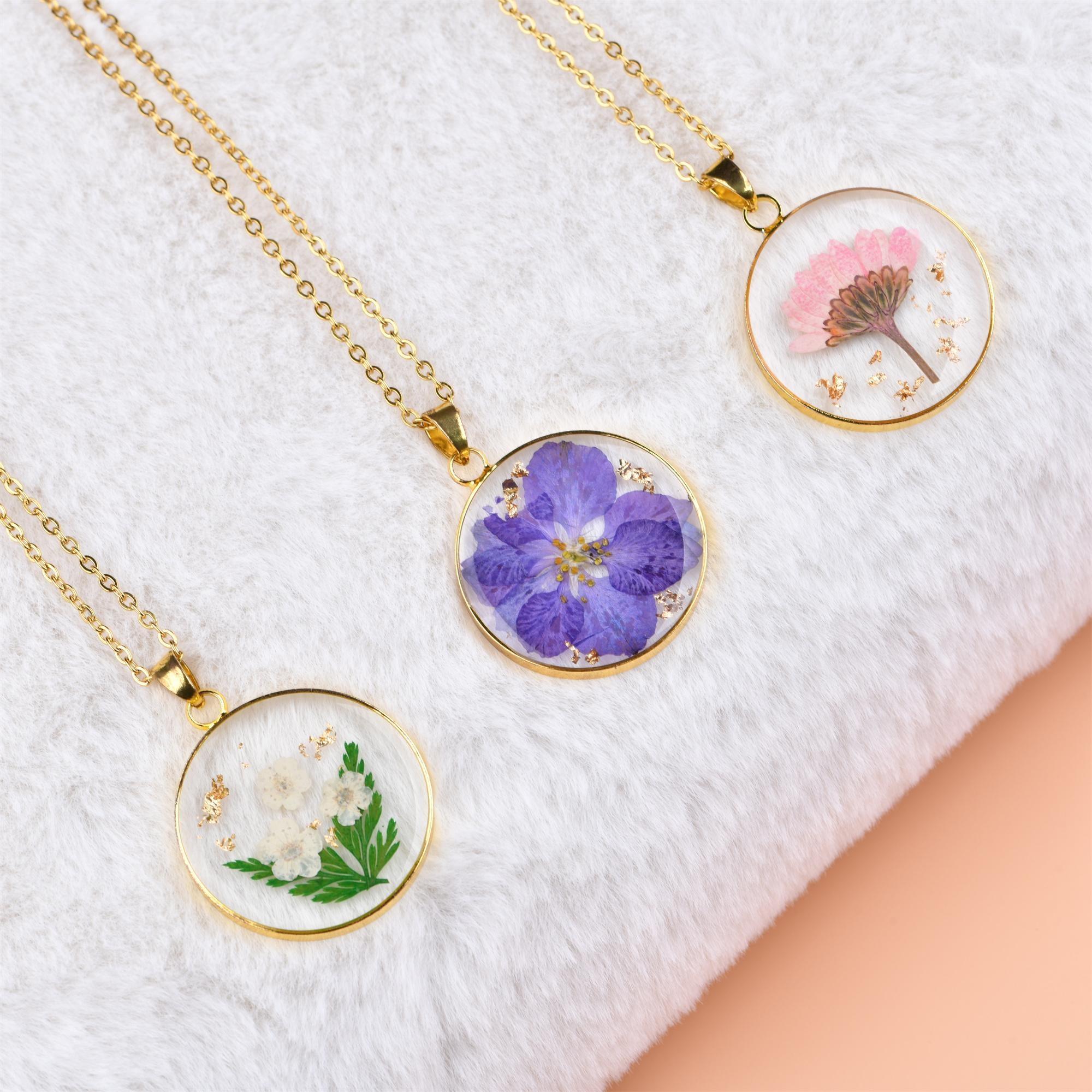 Gold Birth Month Flower Necklace,Real Dried Flower Round Necklace for Birthday Gift