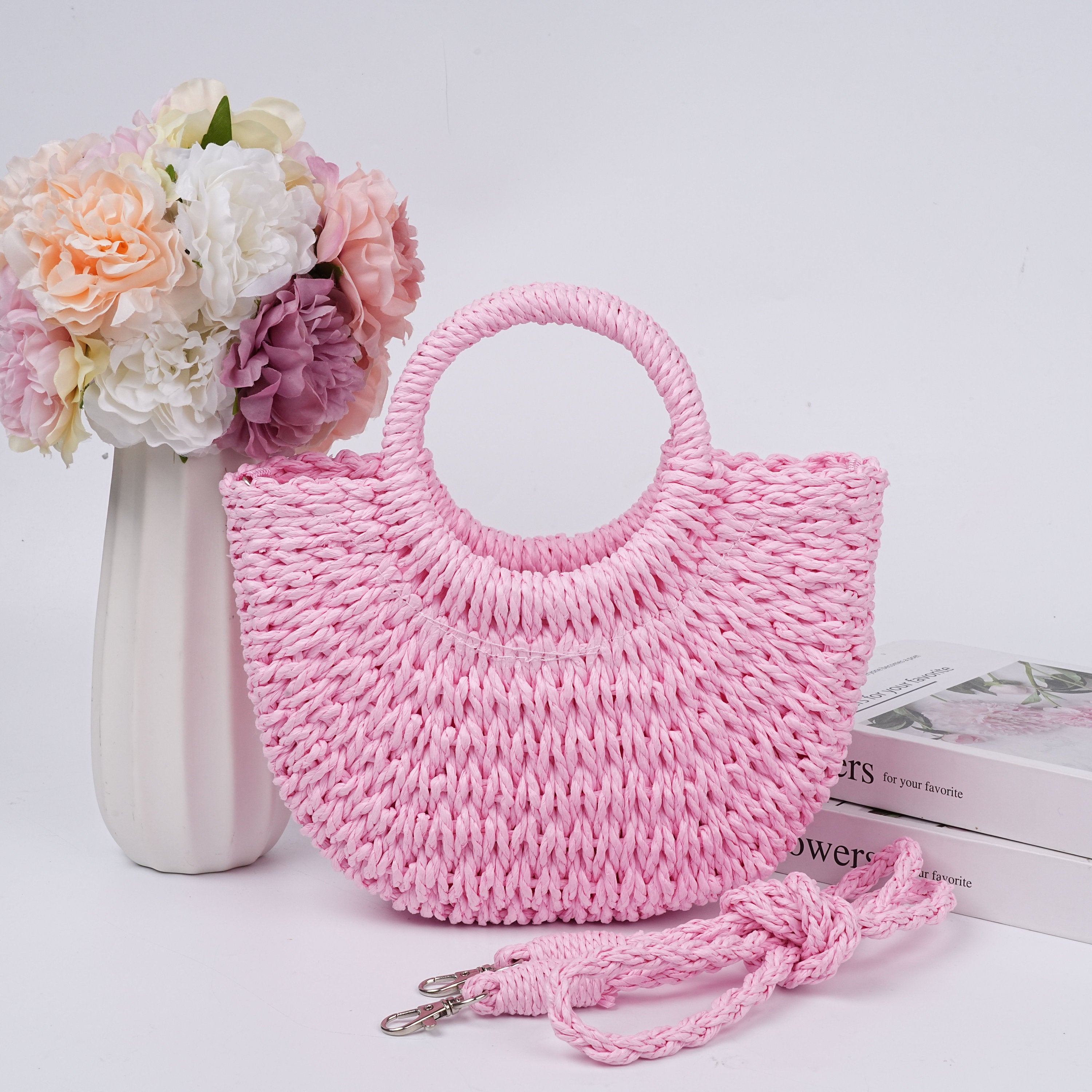 Solid Color Straw Woven Drawstring Bag,Summer Beach Bag,Wedding Guest Gift