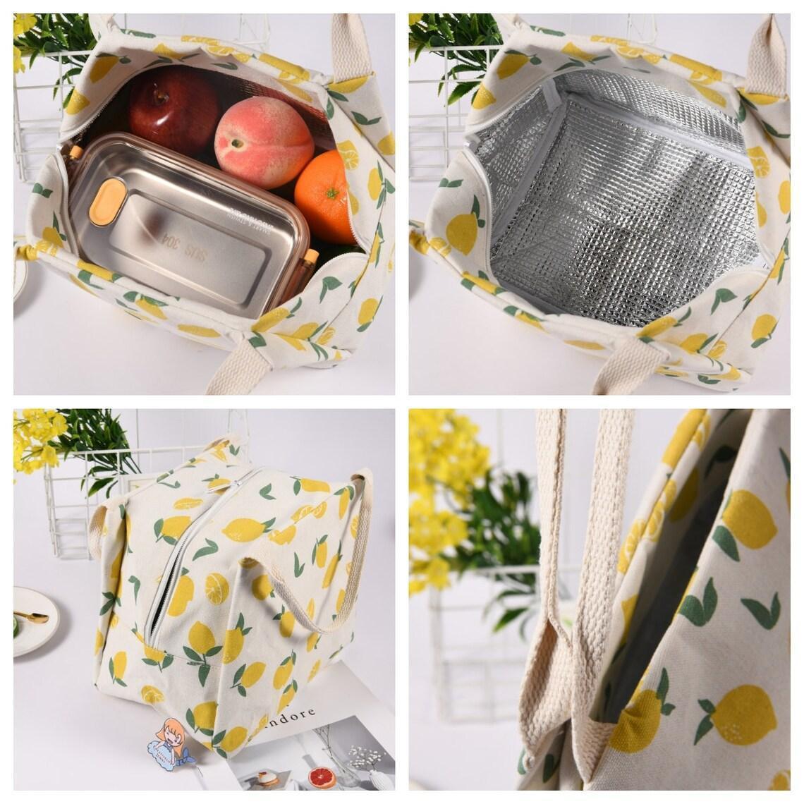 Size M Orange/Avocado/Lemon/Peach Cotton Linen Insulated Lunch Bag, Premium Quality Zipper Bag, Back to School