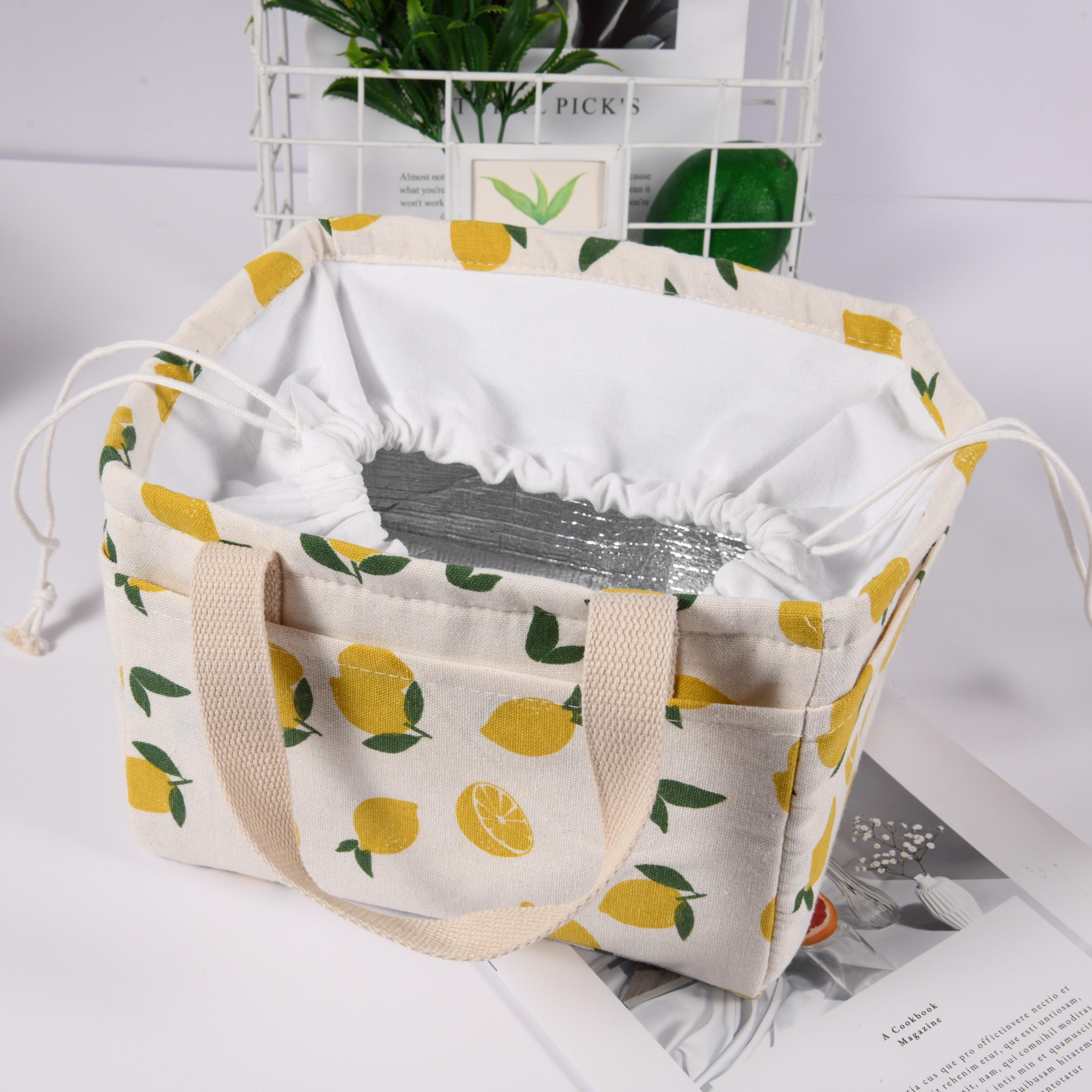 Handmade XL Orange/Avocado/Lemon/Peach Cotton Linen Insulated Lunch Bag,Drawstring Tote, Back to School