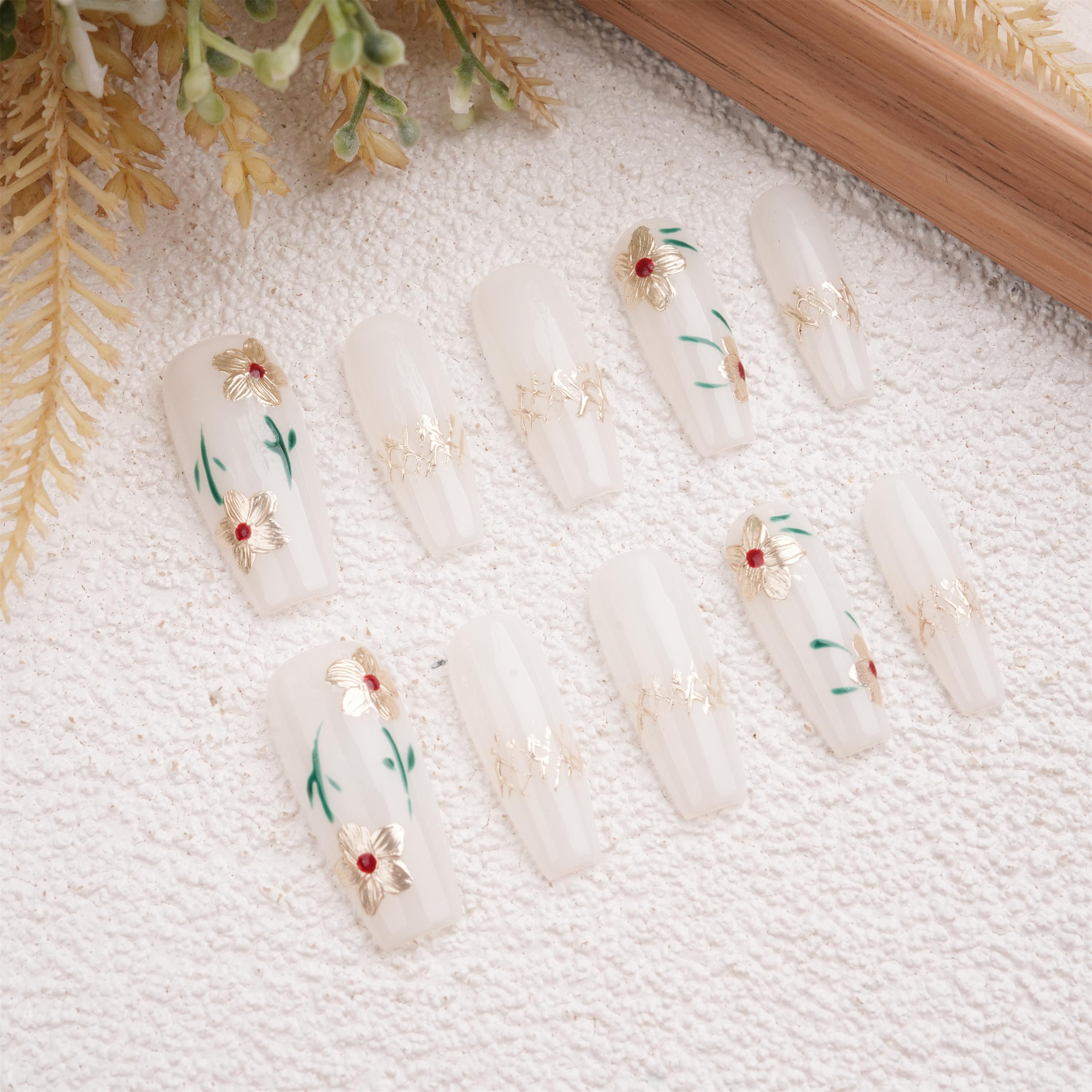 White and Gold Flower Press On Nails, Long Coffin Shape