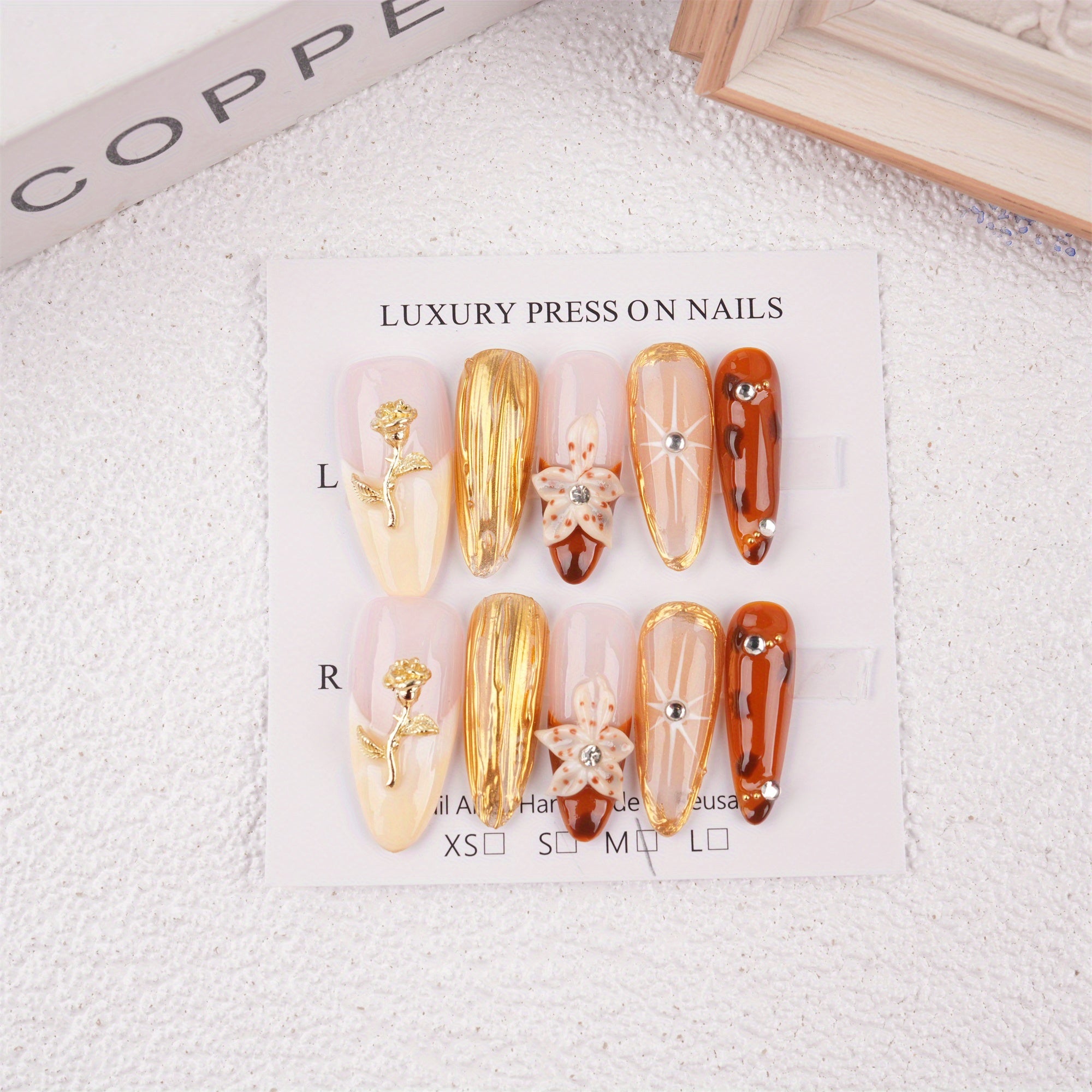 Metallic Rose and Lily Press on Nails, Floarl Pattern Reusable Coffin Manicure, Birthday Party Gift