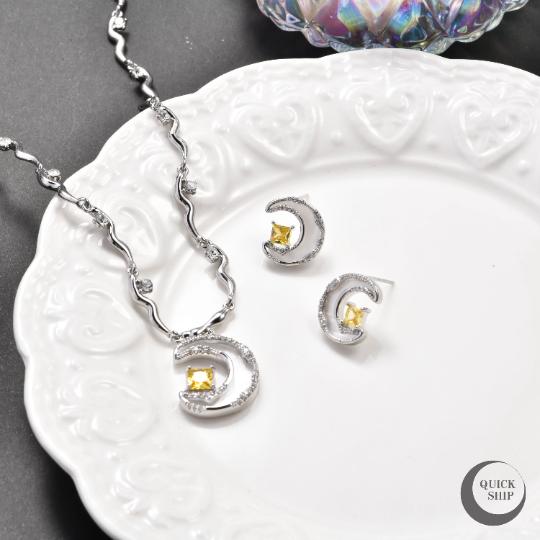 Shell Diamond Moon Star Necklace Earrings, Crescent Moon star Earrings