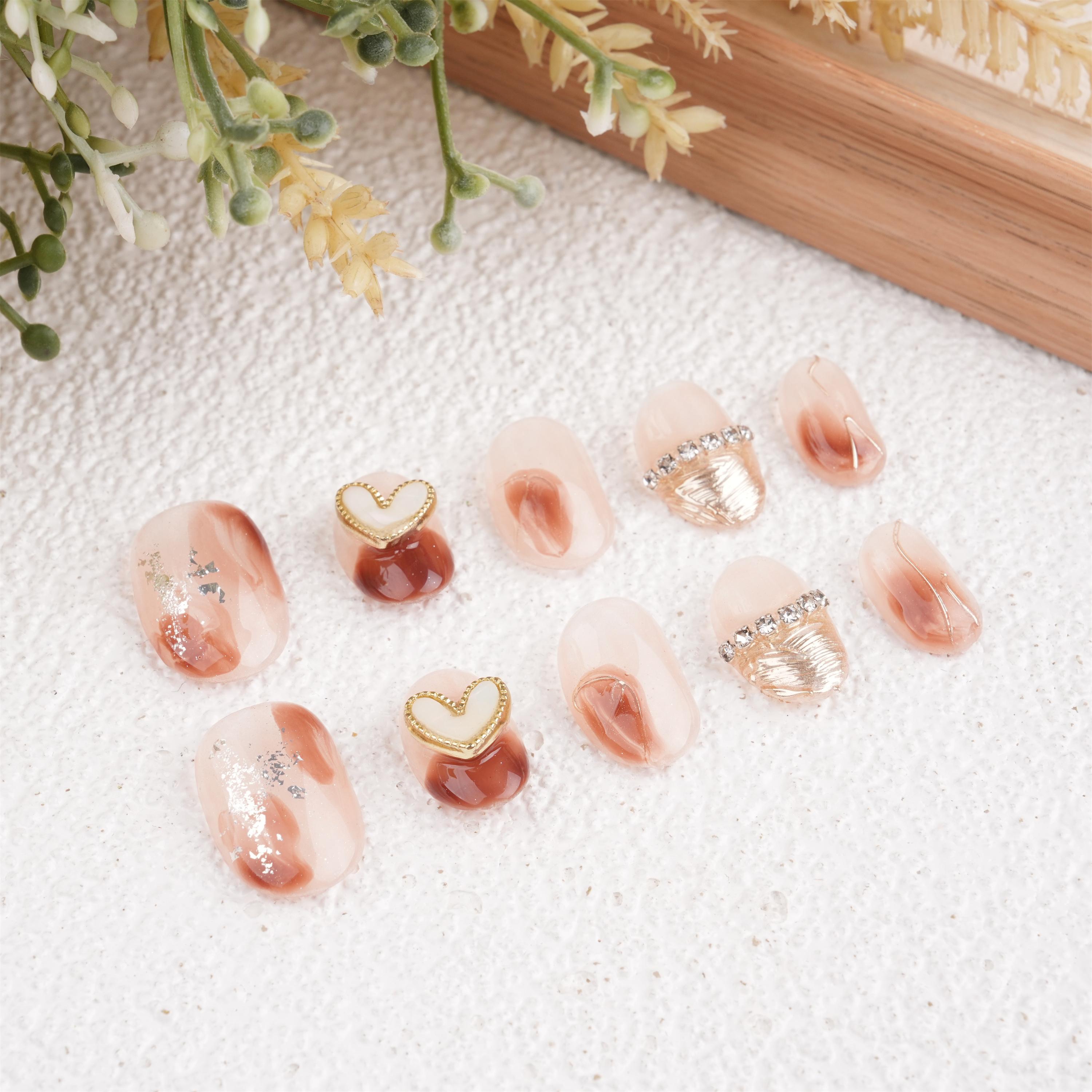 Cute Blooming Amber Heart Charms Press On Nails,Short Square,Glossy Manicure,Bithday/Graduation/Mother's Day gift