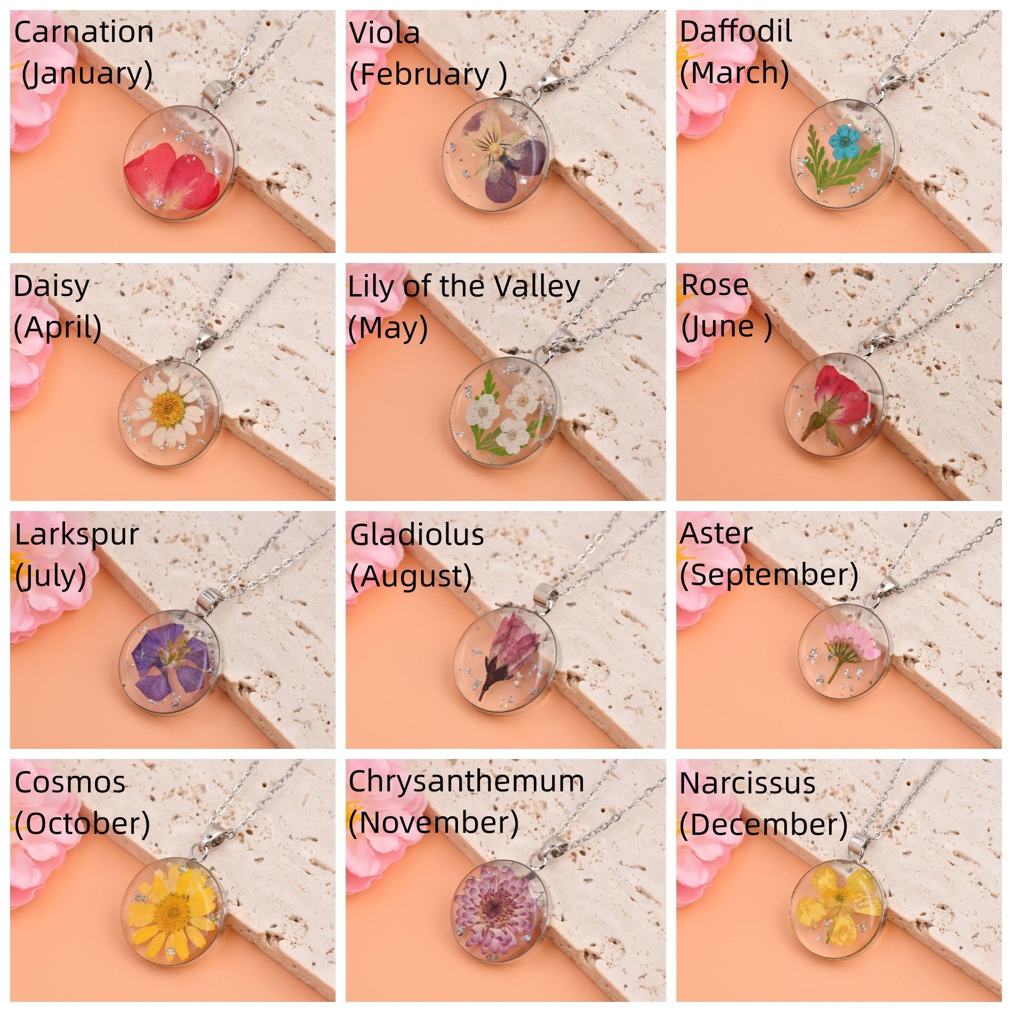 Flowers Necklaces, Birthday Necklace for Mom, Silver Resin Pendant