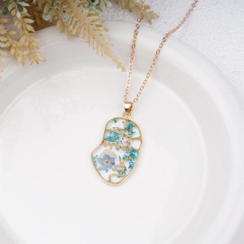 Handmade Blue Forget Me Not Gold Plated Earrings&Necklaces,Creative Real Dried Flower Jewelry Set with Face, Aesthetic Birthday/Valentine's Day Gifts