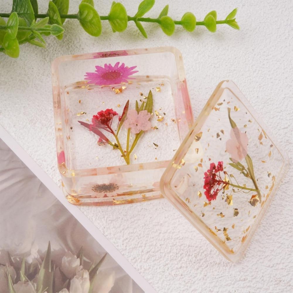 Square Real Flowers Resin Ring Holder, Floral Jewelry Box