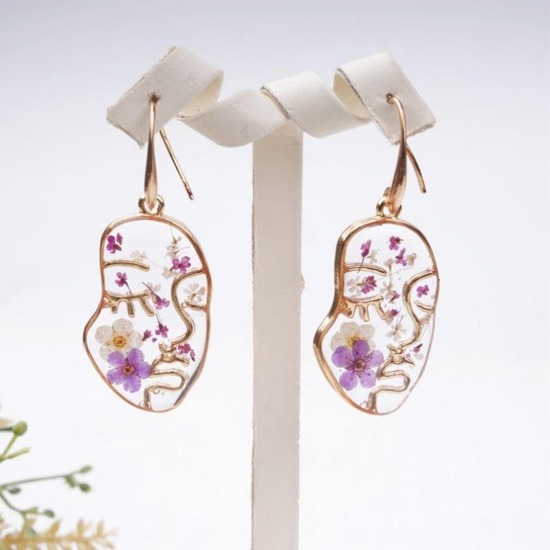 Handmade Purple Forget Me Not Gold Plated Earrings&Necklaces,Creative Real Dried Flower Jewelry Set with Face, Birthday/Christmas Gift