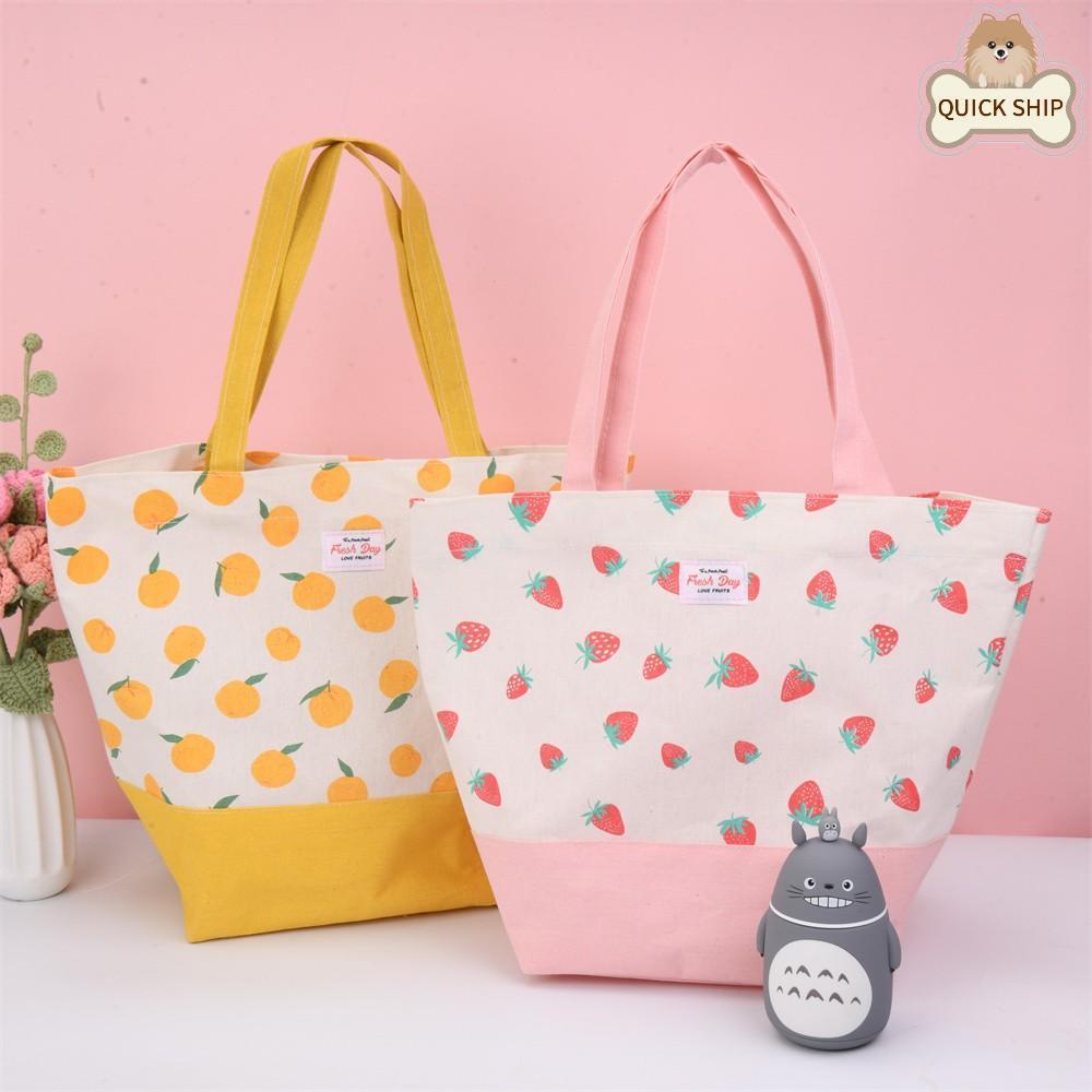 Apple Strawberry Orange Pear Cotton Linen Totes, Fruit Lunch Bag, Back to School