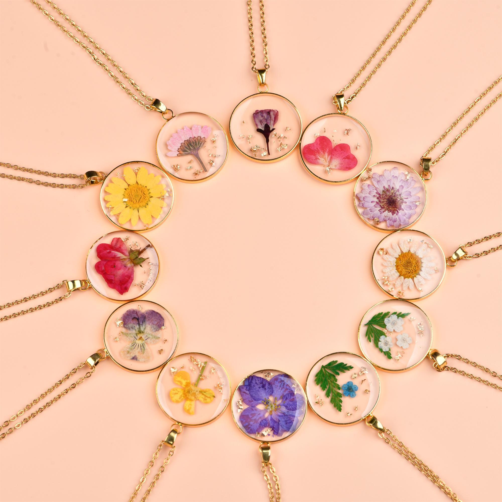 Gold Birth Month Flower Necklace,Real Dried Flower Round Necklace for Birthday Gift