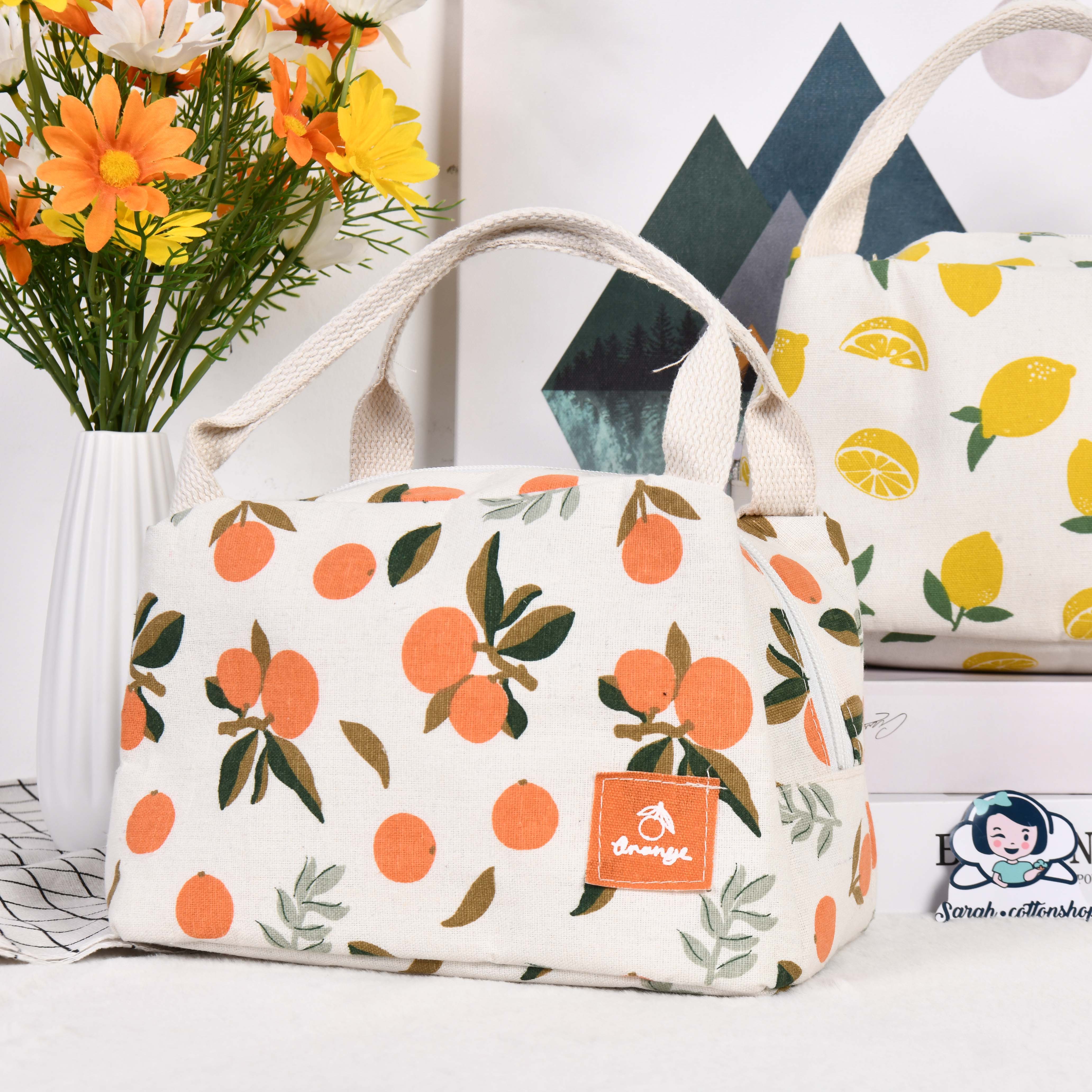 Size M Orange/Avocado/Lemon/Peach Cotton Linen Insulated Lunch Bag, Premium Quality Zipper Bag, Back to School