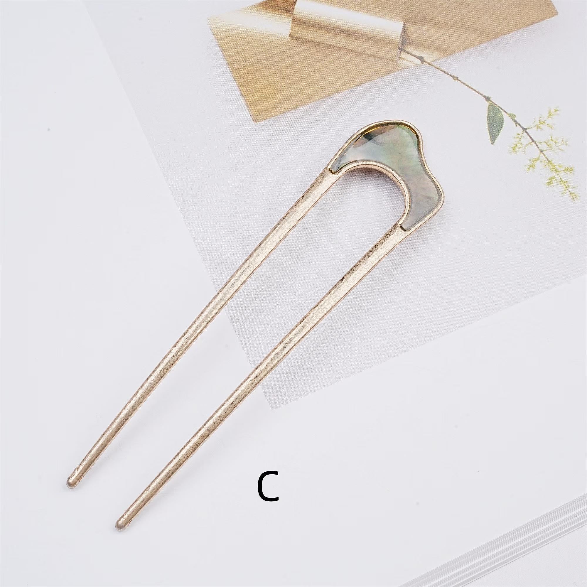 Handmade Shell Golden Hairpin & Minimalist Hair Fork Set - Secure Locks & Elegant Look, Gems Ponytail Holder & Wedding Hair Piece