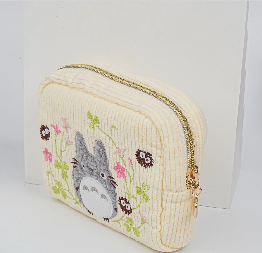 Handmade Embroidered Cartoon Totoro Corduroy Cosmetic Bag