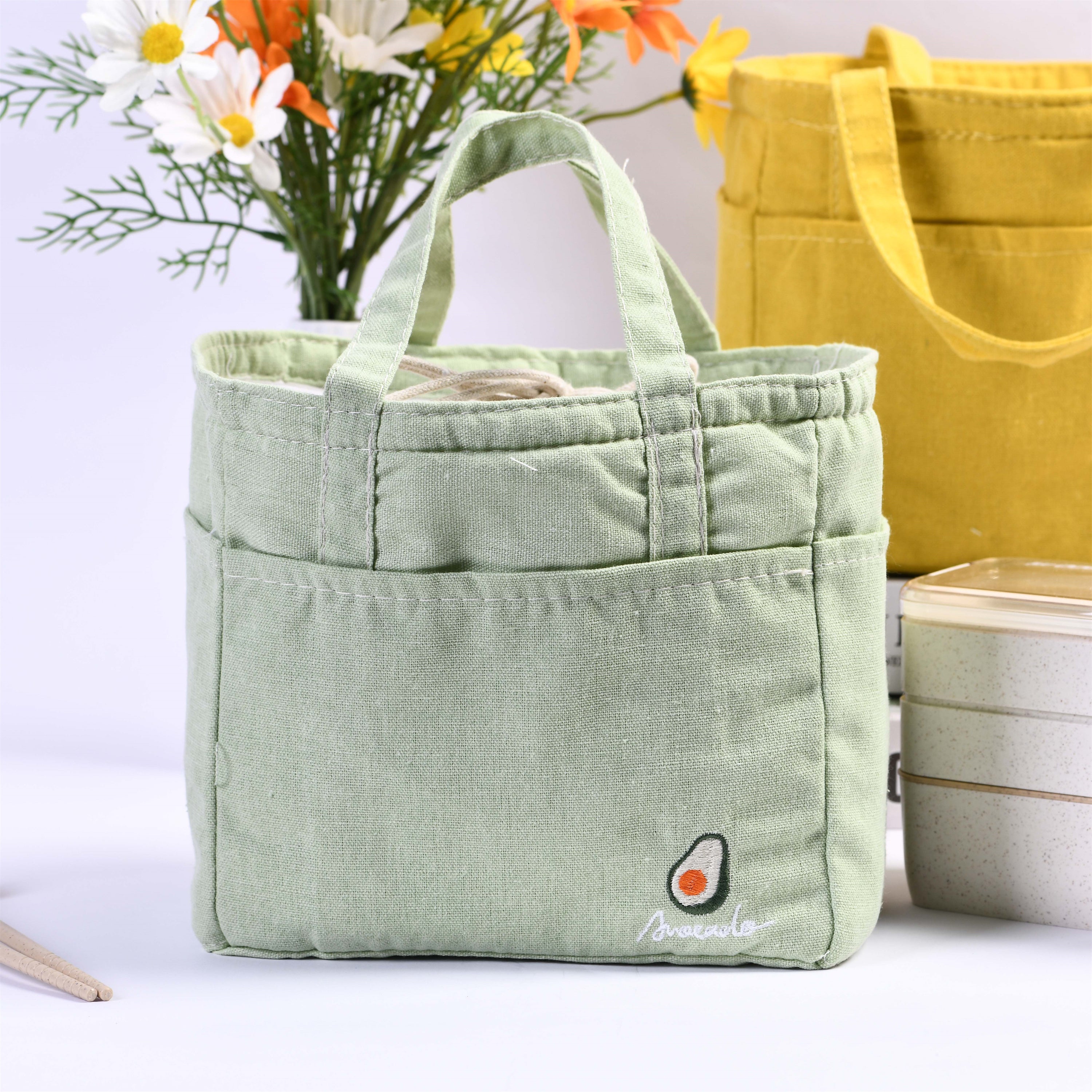 Orange/Avocado/Lemon/Peach Multi pocket Square Cotton Linen Insulated Lunch Bag, Premium Quality Drawstring Bag, Back to School