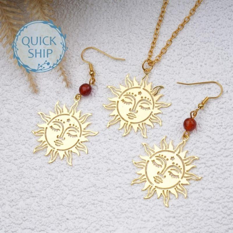 Gold Sun Goddess Pendant Earrings&Necklaces, Bohemian Style Jewelry Set, Gothic Gold Sun Jewelry Pendant Necklace, Birthday/Valentine's Day Gifts