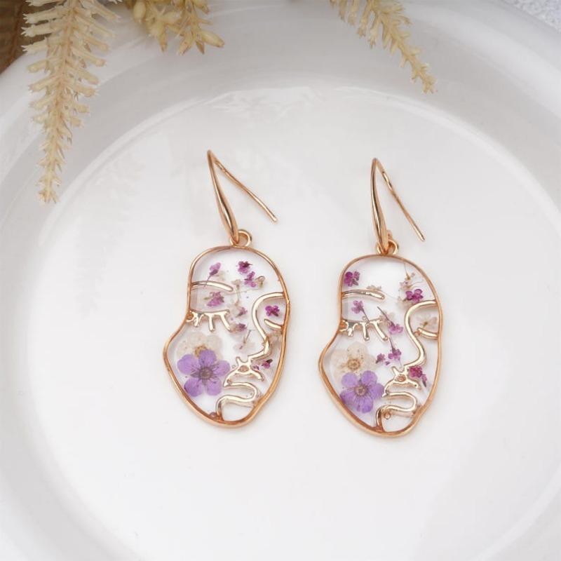 Handmade Purple Forget Me Not Gold Plated Earrings&Necklaces,Creative Real Dried Flower Jewelry Set with Face, Birthday/Christmas Gift