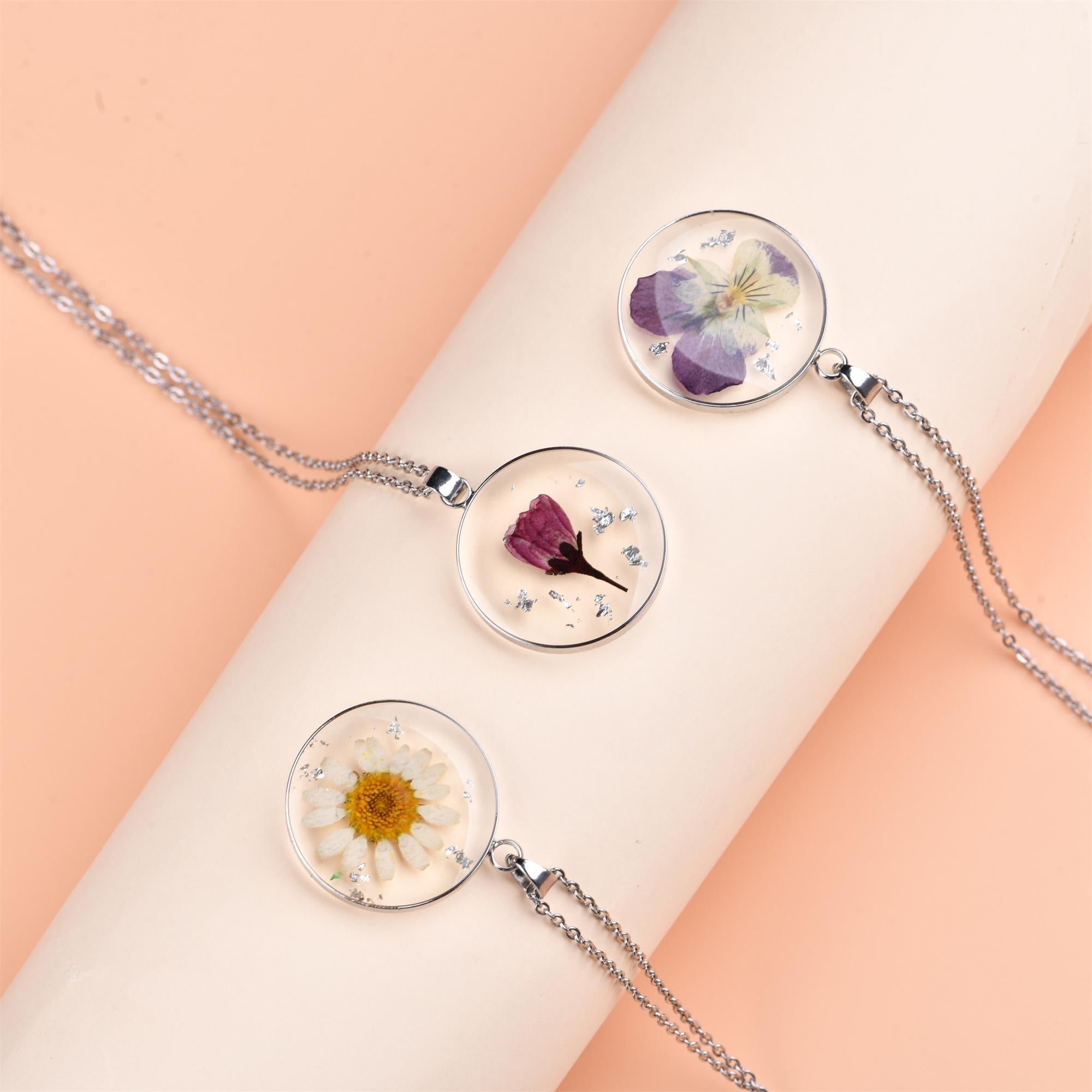 Silver Birth Month Flower Necklace,Real Dried Flower Round Necklace