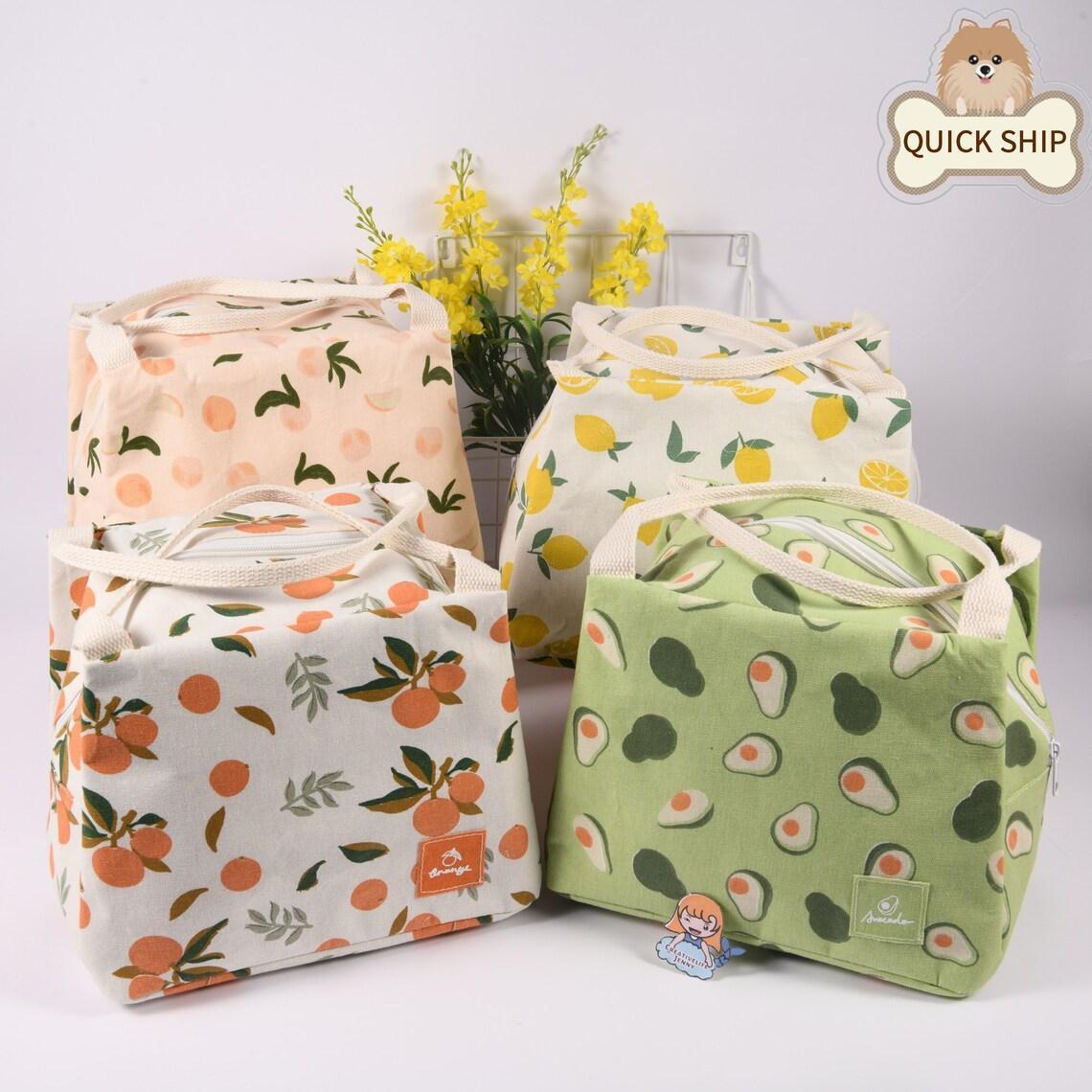 Size XL Orange/Avocado/Lemon/Peach Cotton Linen Insulated Lunch Bag, Premium Quality Zipper Bag, Back to School