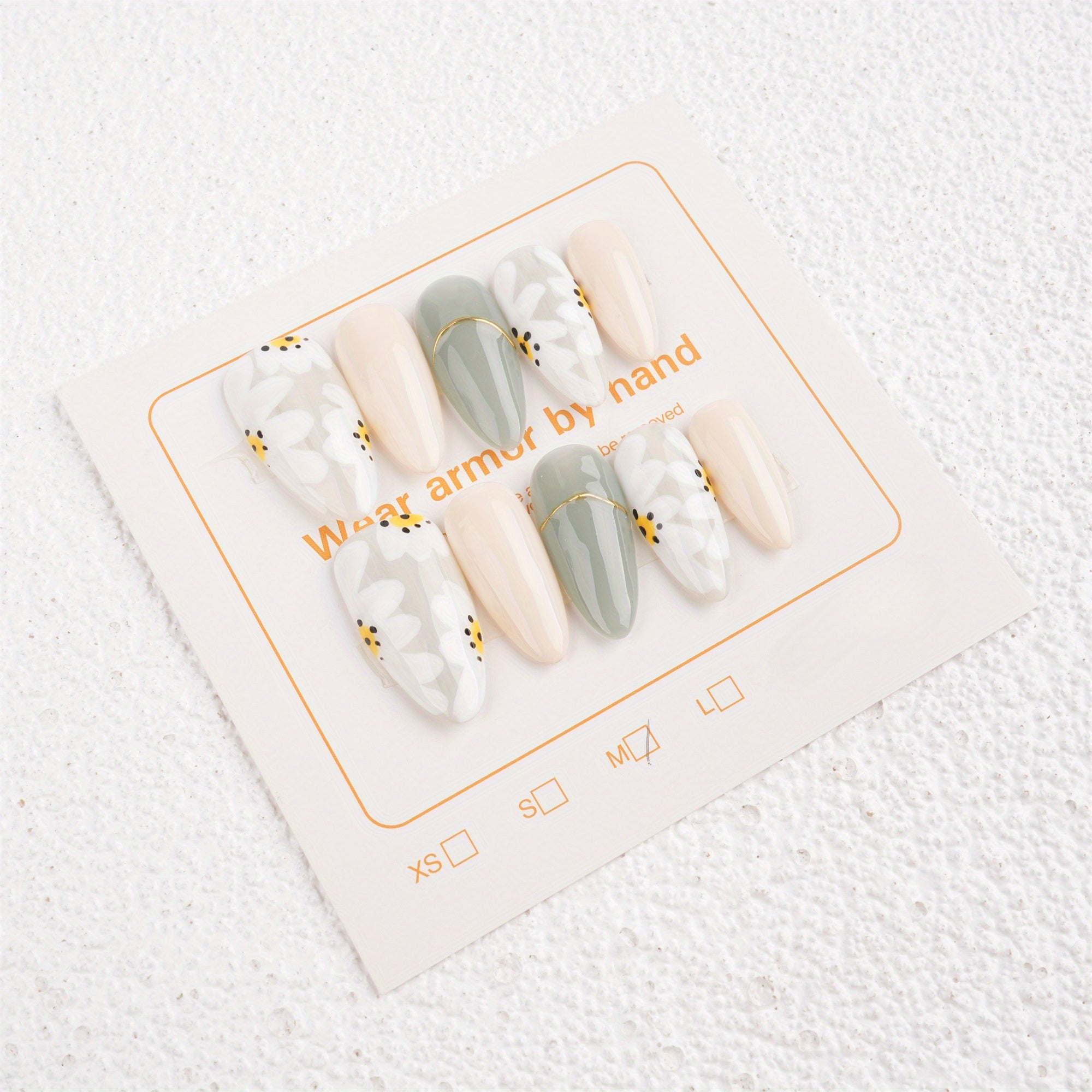 White Daisy Flowers French Style Almond Press on Nails/Faux Acrylic Nails/ Gel Nails