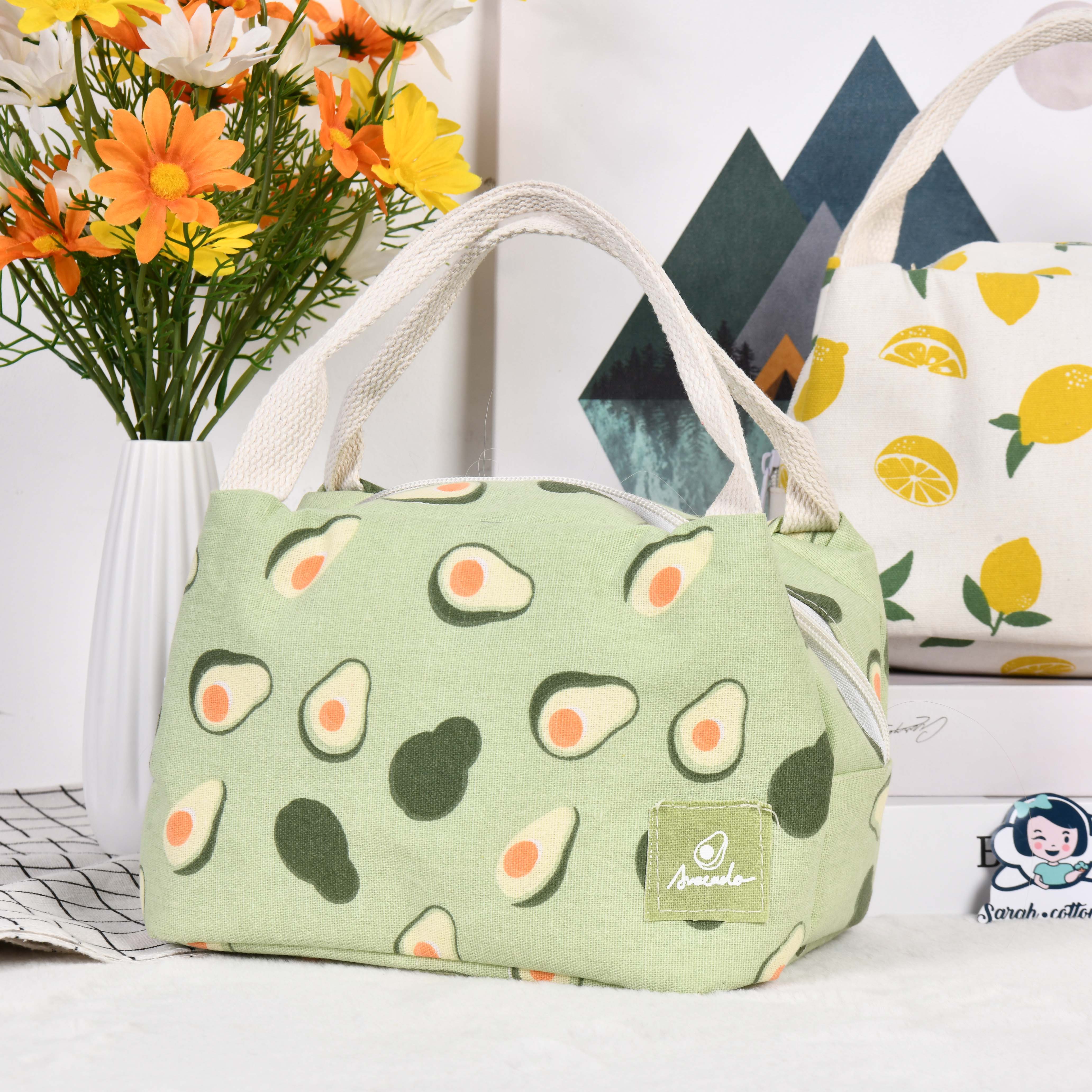 Size M Orange/Avocado/Lemon/Peach Cotton Linen Insulated Lunch Bag, Premium Quality Zipper Bag, Back to School