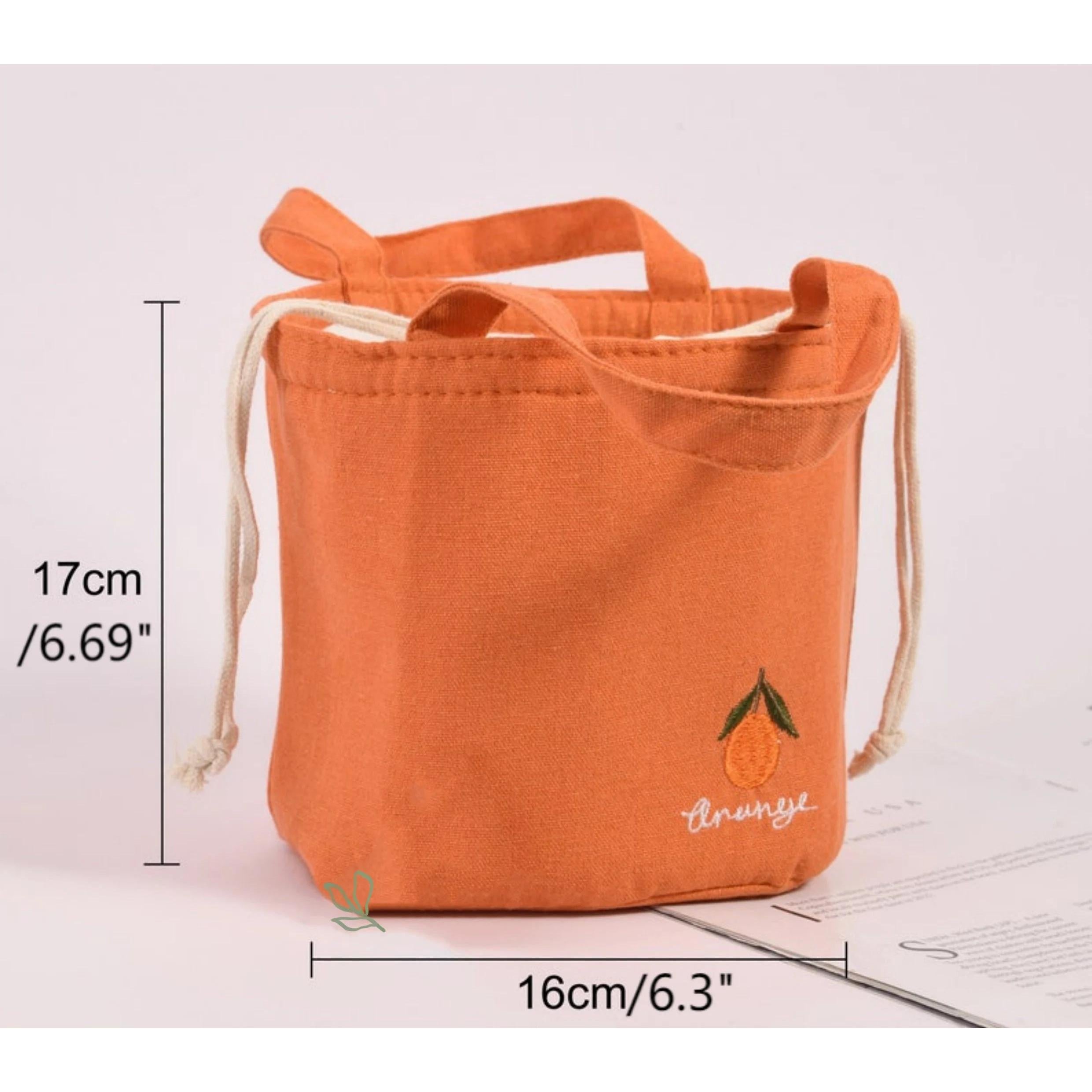 Orange/Avocado/Lemon/Peach Round Cotton Linen Insulated Lunch Bag, Premium Quality Drawstring Bag, Back to School
