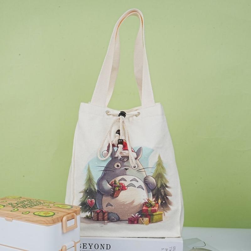 Totoro Pumpkin Canvas Drawstring Lunch Bag, Reusable Halloween Lunch Bag