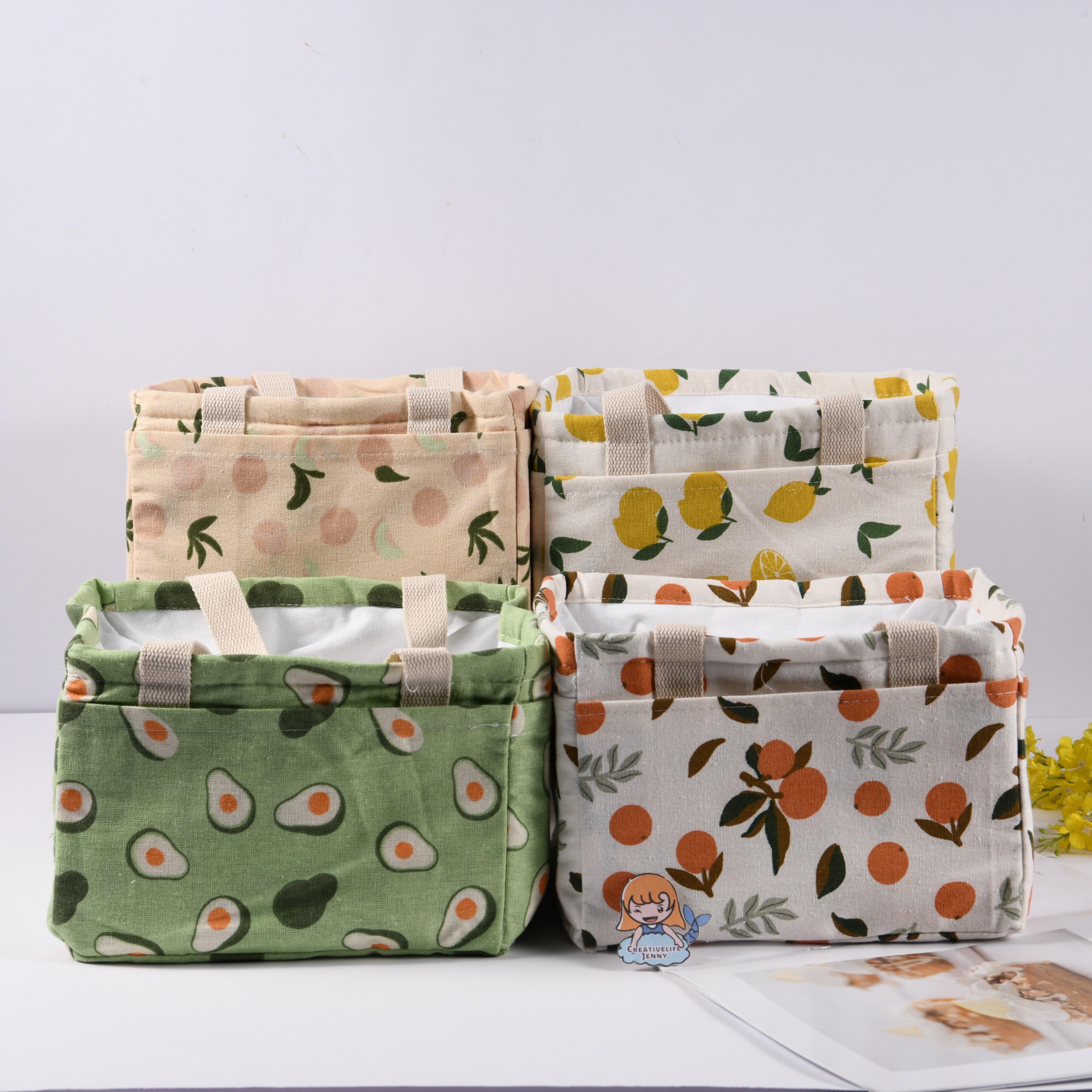Handmade XL Orange/Avocado/Lemon/Peach Cotton Linen Insulated Lunch Bag,Drawstring Tote, Back to School
