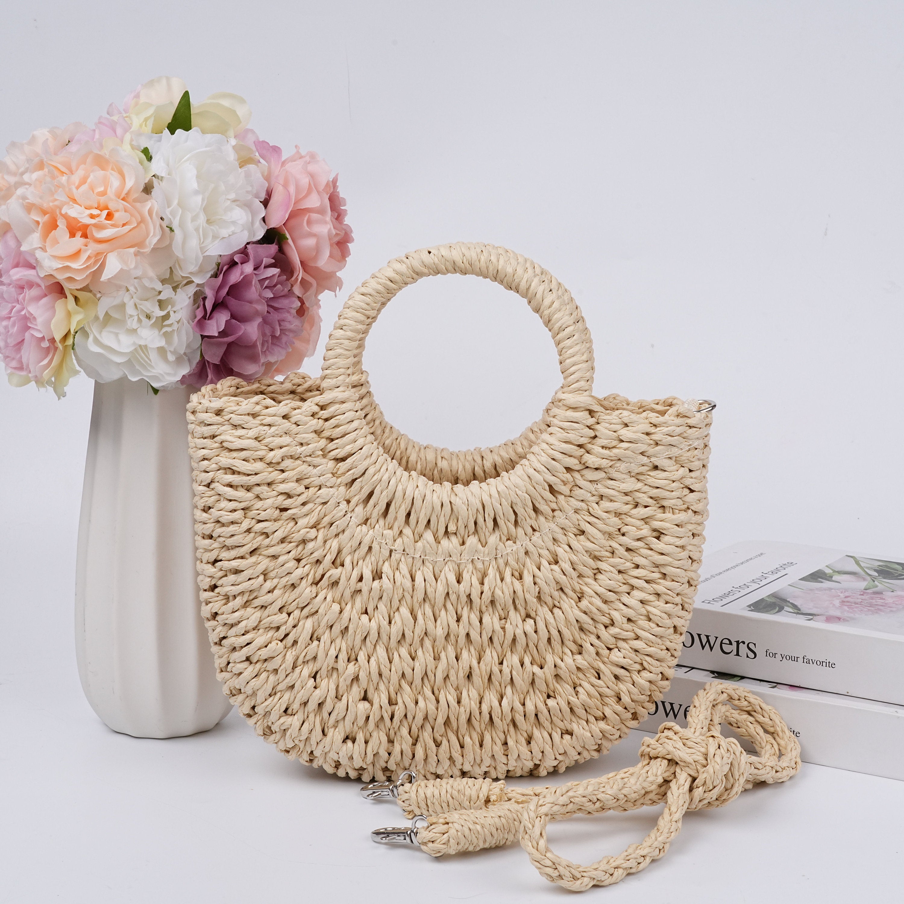 Solid Color Straw Woven Drawstring Bag,Summer Beach Bag,Wedding Guest Gift