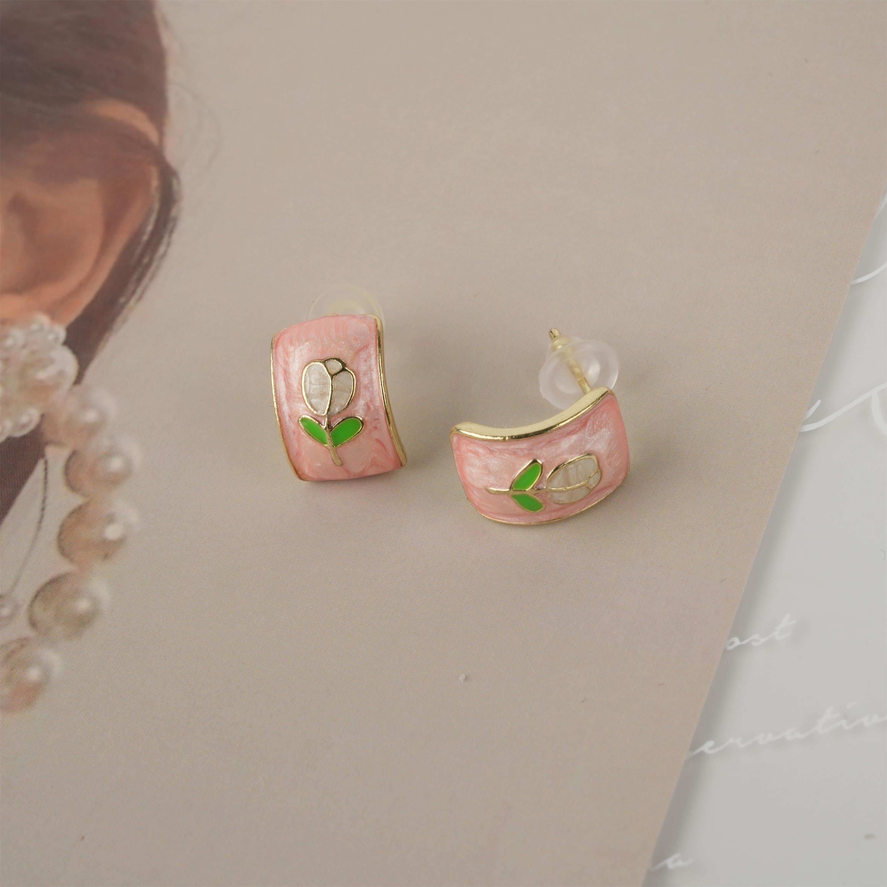 Bohemian Enamel Tulip Earrings,Vintage Style,Minimalist Everyday Jewelry