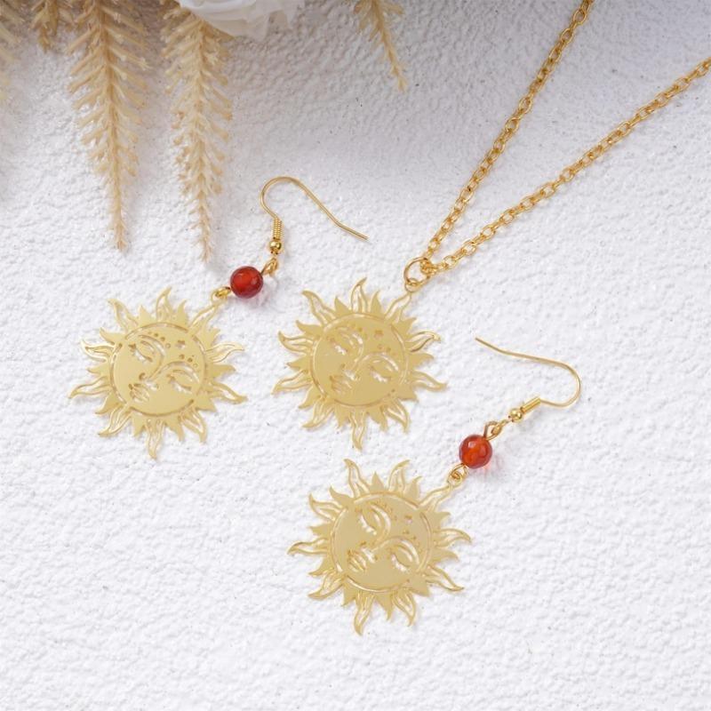 Gold Sun Goddess Pendant Earrings&Necklaces, Bohemian Style Jewelry Set, Gothic Gold Sun Jewelry Pendant Necklace, Birthday/Valentine's Day Gifts