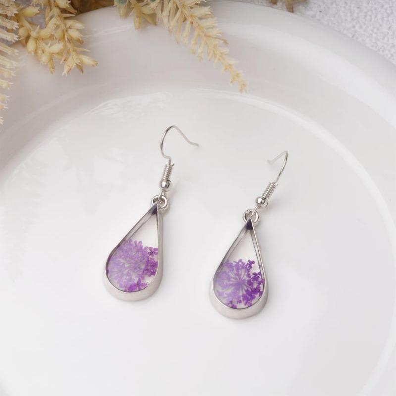 Handmade Purple Babysbreath Silver Plated Earrings&Necklaces, Creative Real Dried Flower Jewelry Set, Aesthetic Birthday/Valentine's Day Gifts